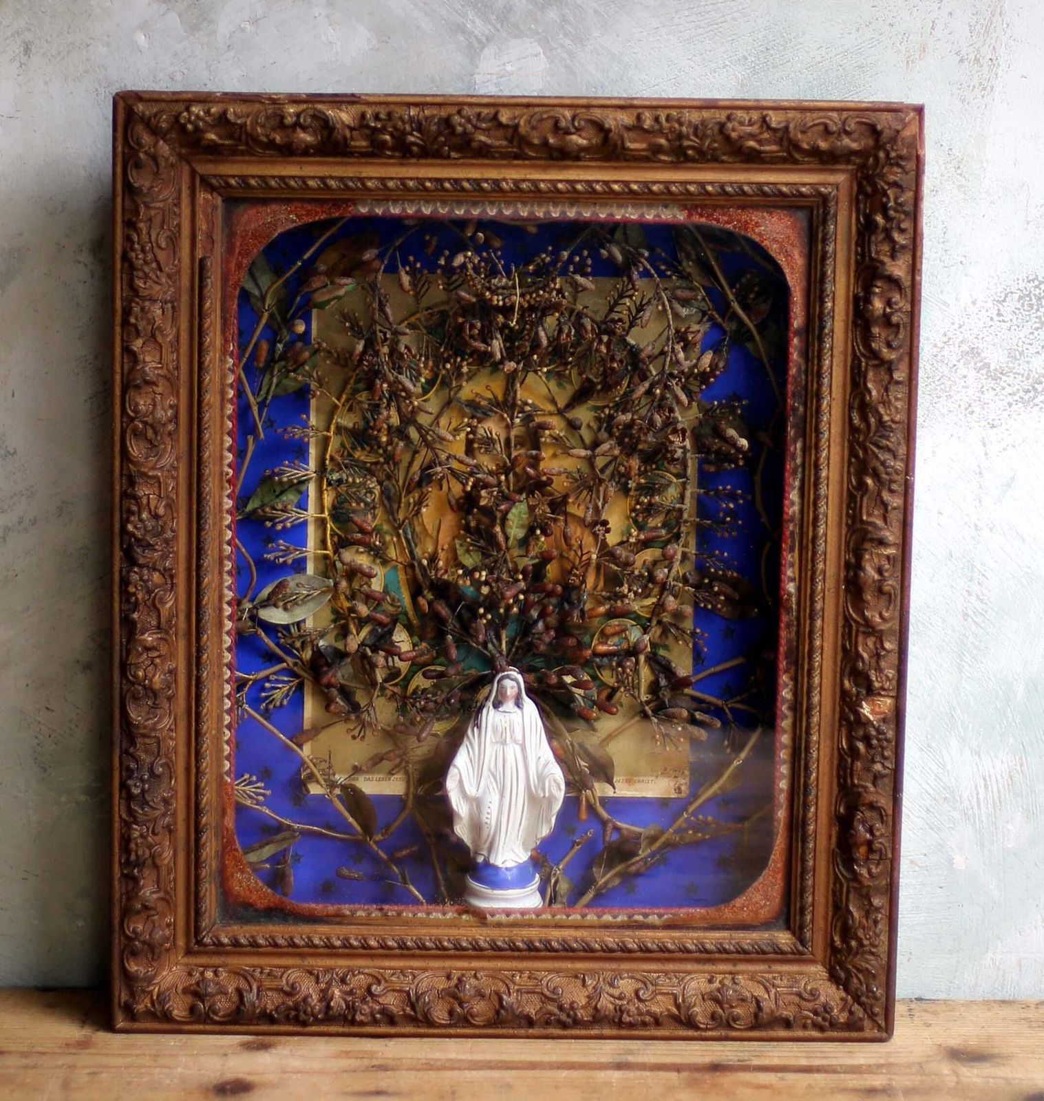 Antique French Framed Madonna Porcelain Virgin Mary Statue In A Glass Case Reliquary Display Box photo for sale