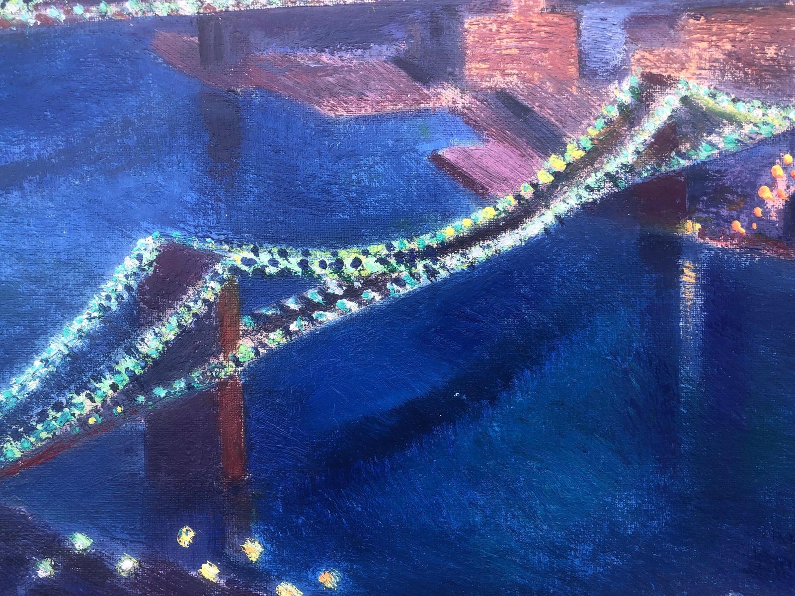 Guillem Villà Bassols – Nachtelijk silhouet van New York met verlichte bruggen – postimpressionistisch olieverfschilderij op doek, 1981 photo Kunst