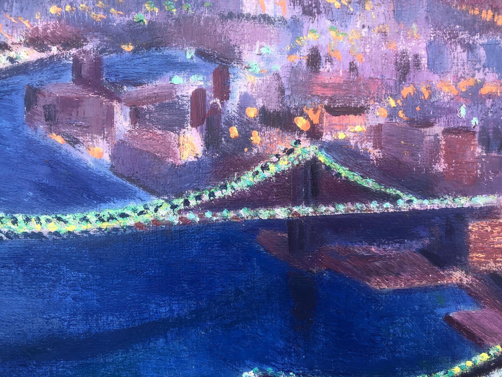 Guillem Villà Bassols, New York Night Skyline with Illuminated Bridges, huile post-impressionniste sur toile, 1981 photo 1050.0