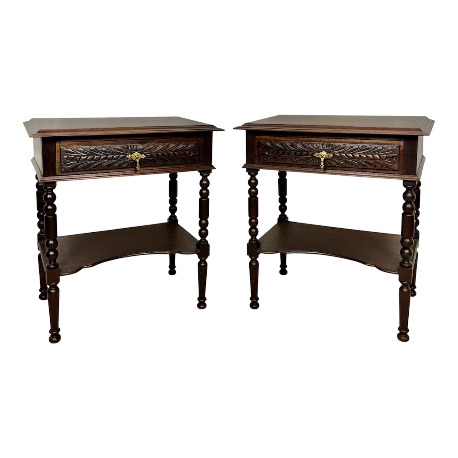 Pair Of Spanish Bedside Tables With Carved Drawers, 1930s