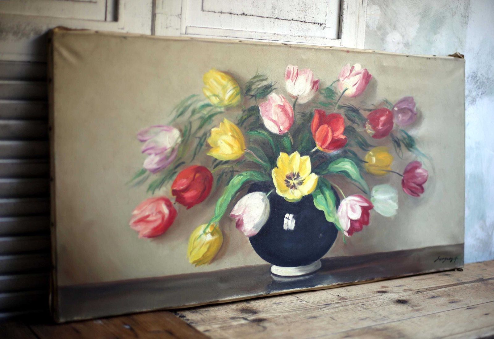 Large French Antique Oil Painting On Canvas Tulips Flowers Floral Still Life Signed A Surgeon