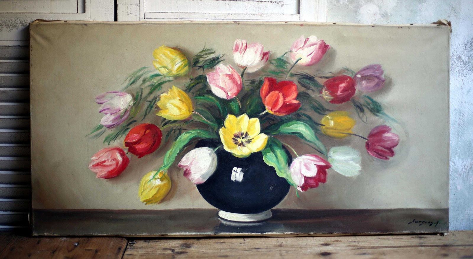 Large French Antique Oil Painting On Canvas Tulips Flowers Floral Still Life Signed A Surgeon photo vintage