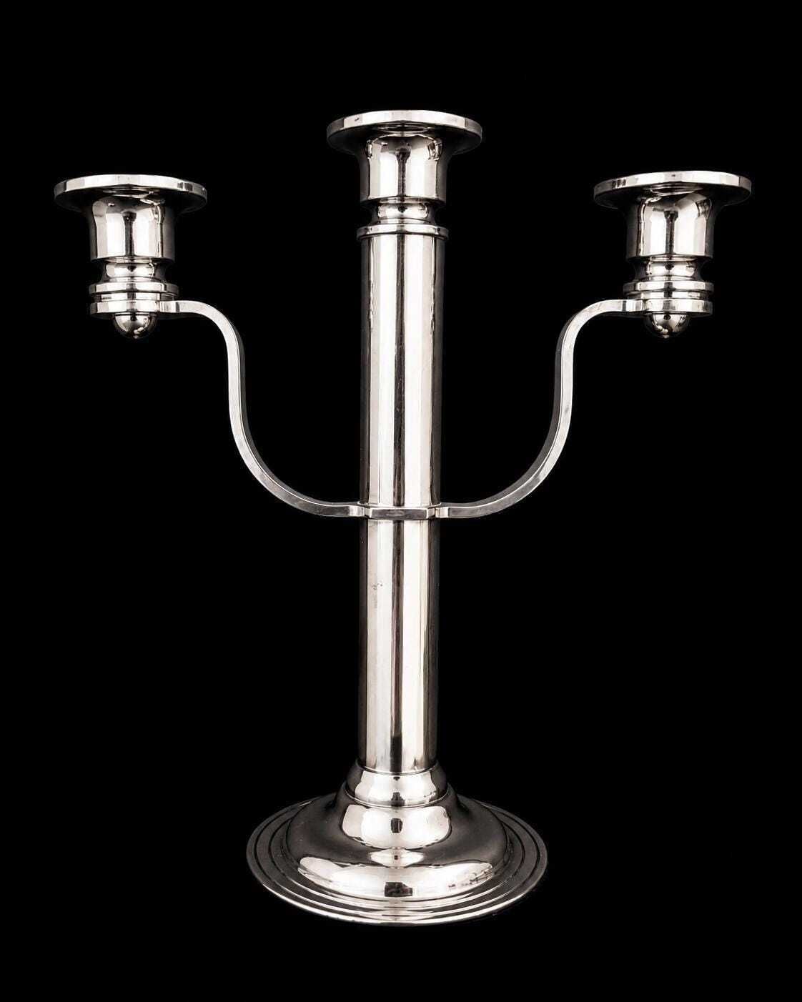 Vintage Maestri Italy verzilverde kandelaar met 3 armen, art deco stijl verzilverd op messing, Italiaanse tafeldecoratie