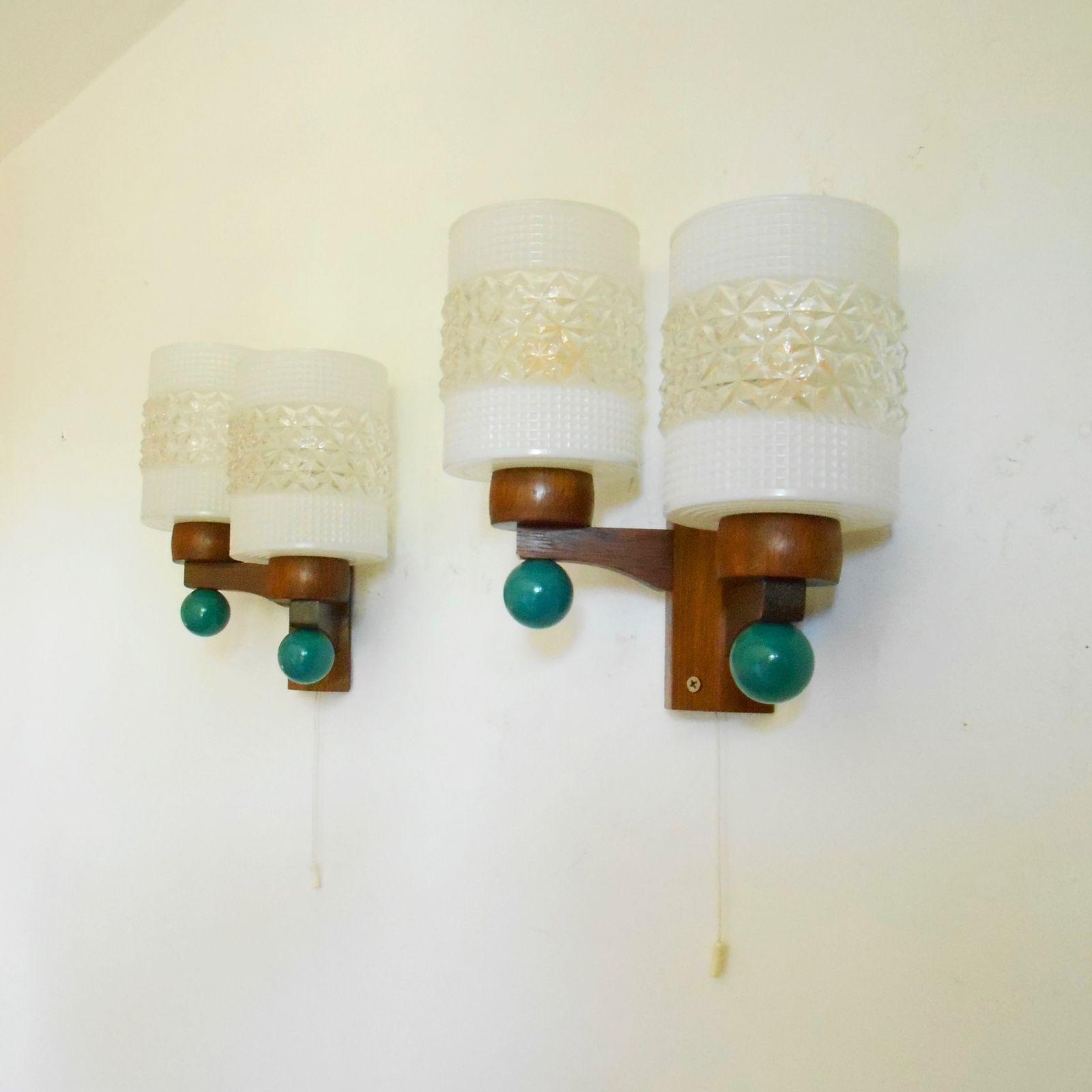 photo for sale A Pair Of Mid Century Modern Dual Stem Teak Wall Lamps
