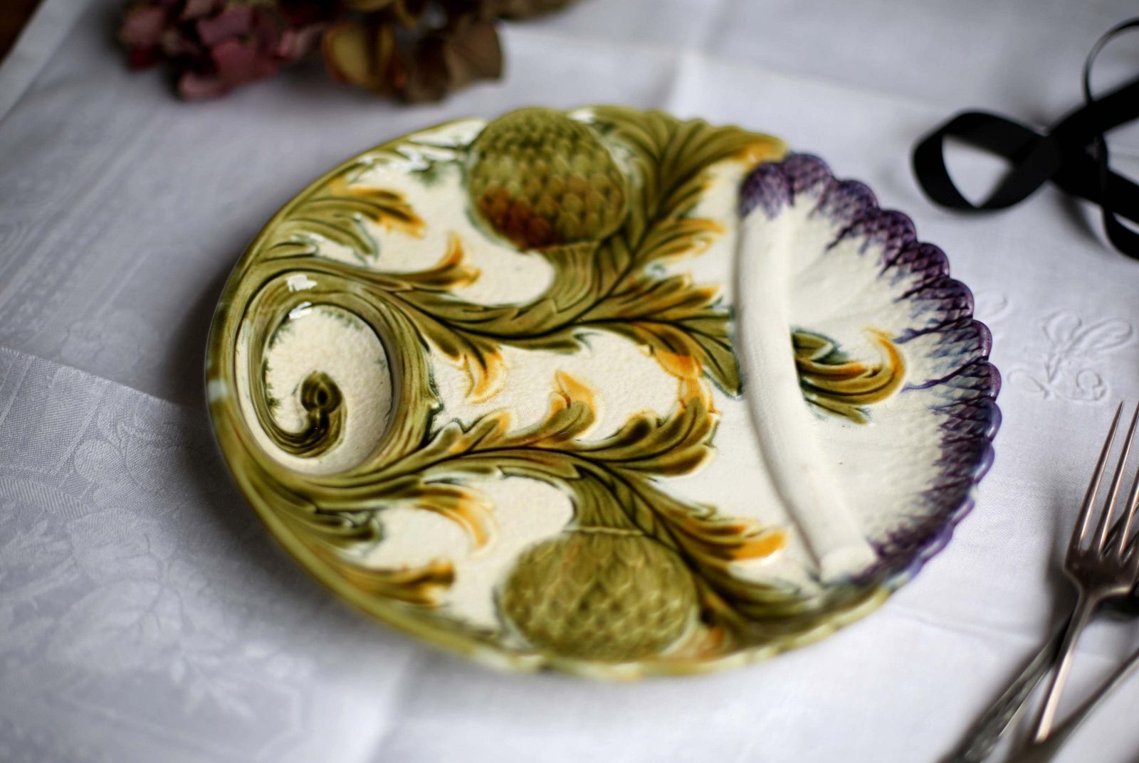 Antique Artichoke Plate Majolica French Asparagus Barbotine Serving Dish Orchies photo furniture