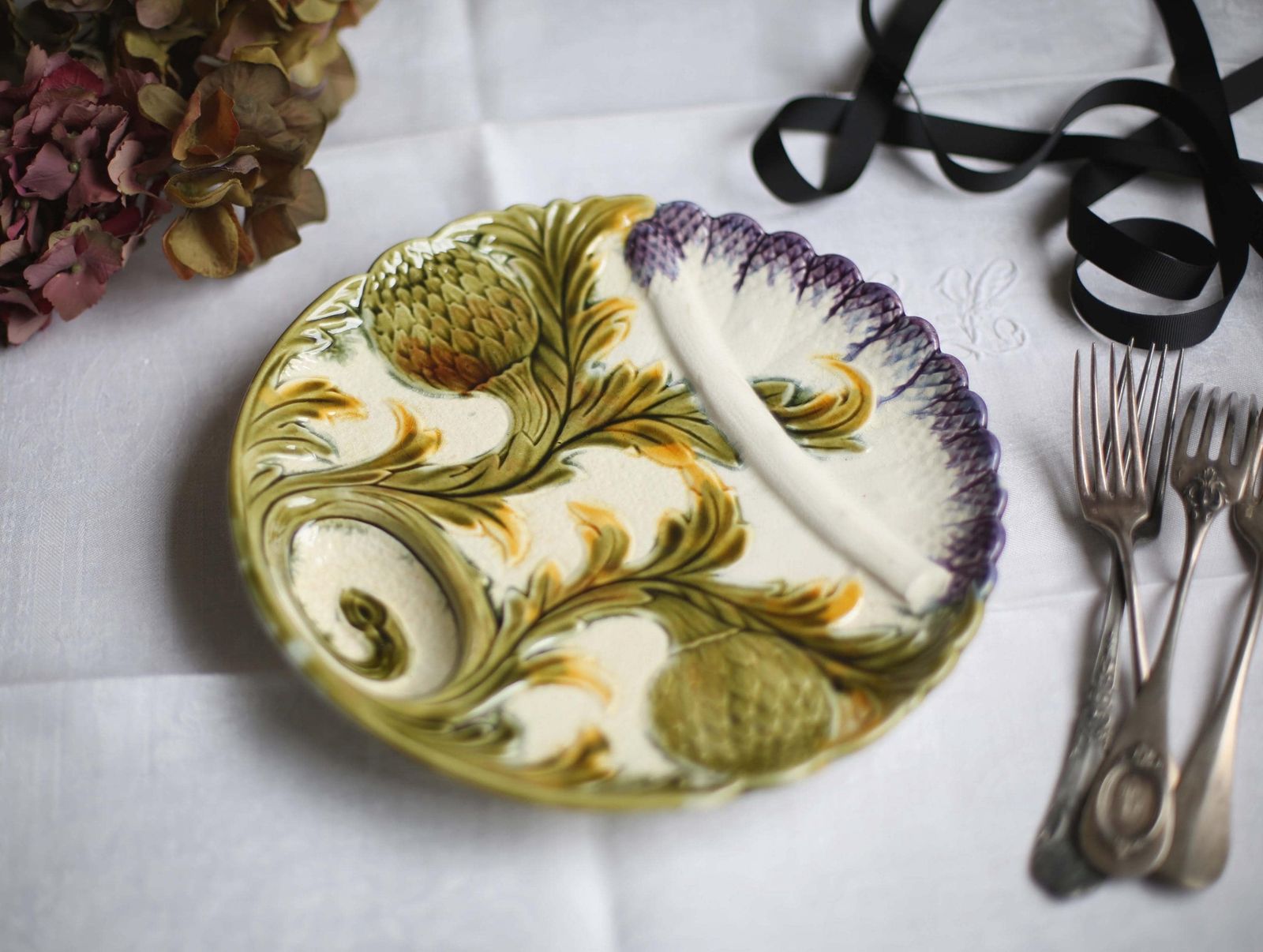 Antique Artichoke Plate Majolica French Asparagus Barbotine Serving Dish Orchies photo vinterior