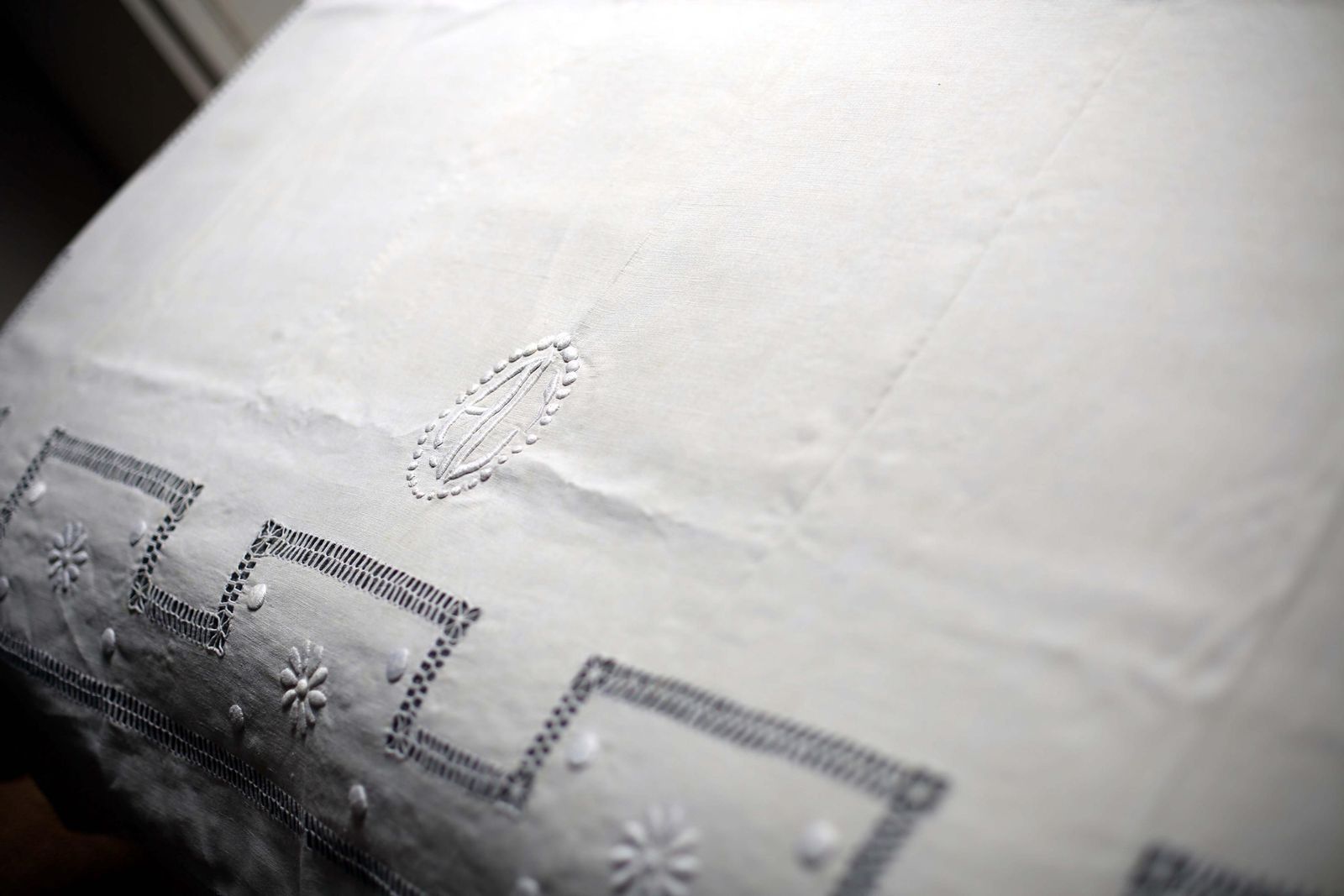 Large Antique French Bed Sheet White Metis Monogrammed Homespun Hand Embroidered Loomed Fabric Ac Double photo buy