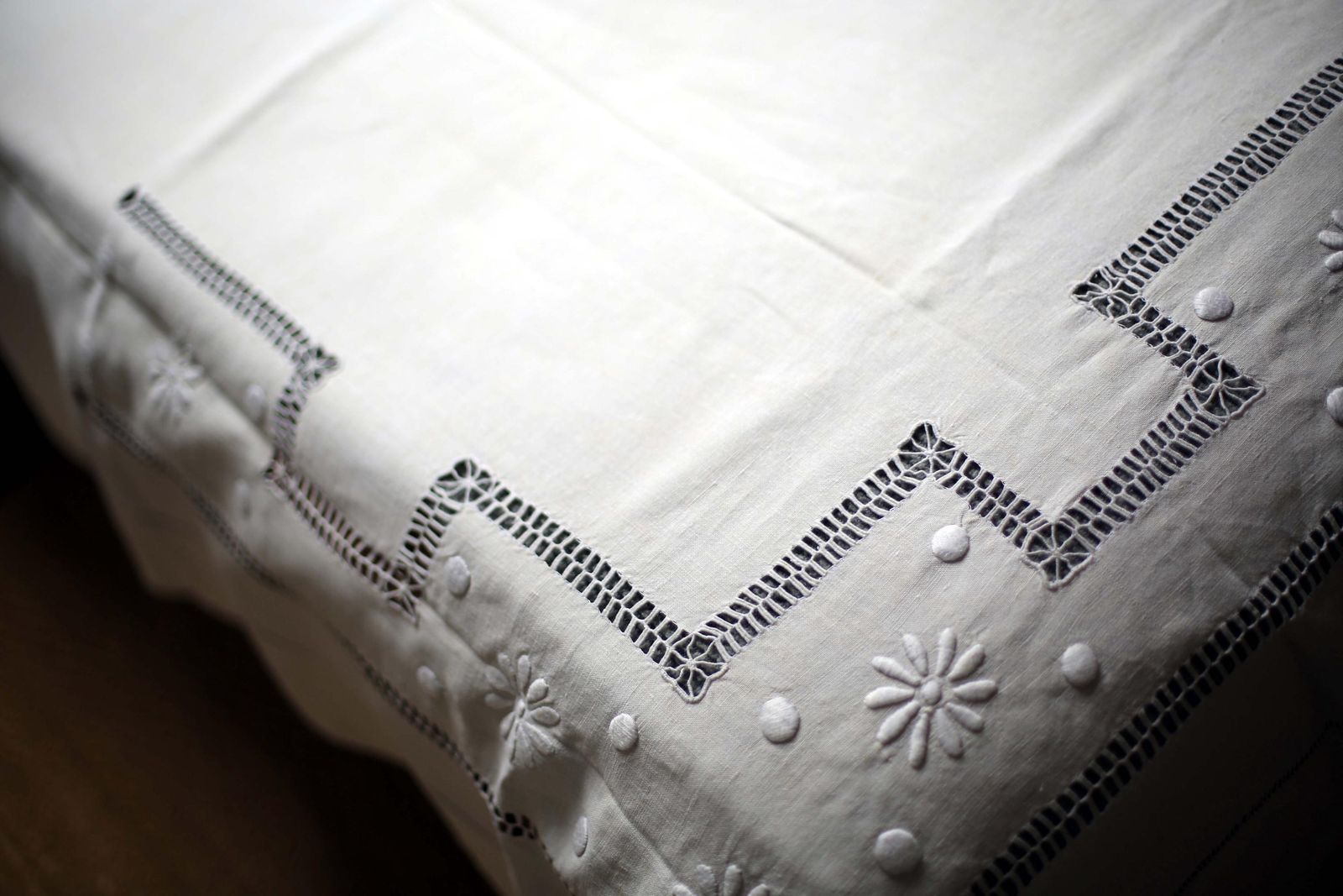 photo for sale Large Antique French Bed Sheet White Metis Monogrammed Homespun Hand Embroidered Loomed Fabric Ac Double