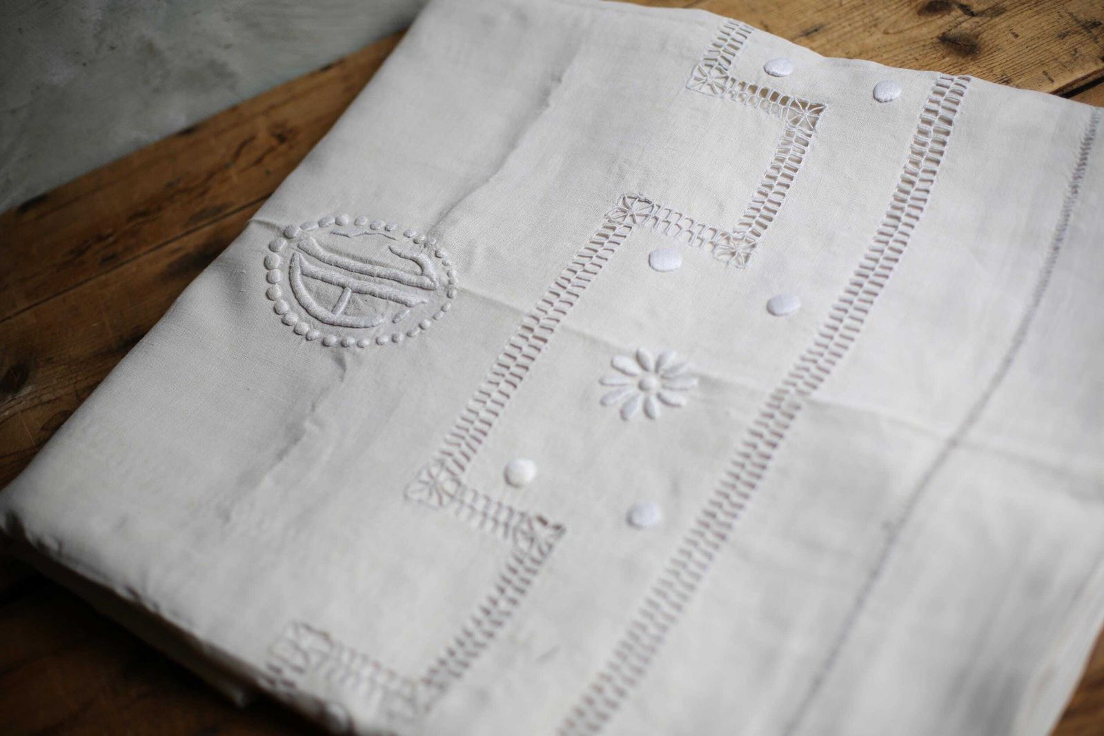 photo buy Large Antique French Bed Sheet White Metis Monogrammed Homespun Hand Embroidered Loomed Fabric Ac Double