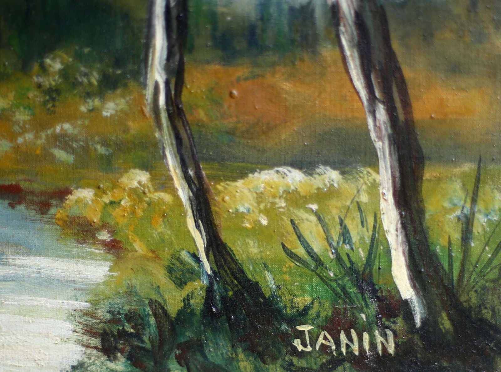 Antique Landscape Oil Painting Impressionist Impasto Framed River View French Framed Janin photo 147.0