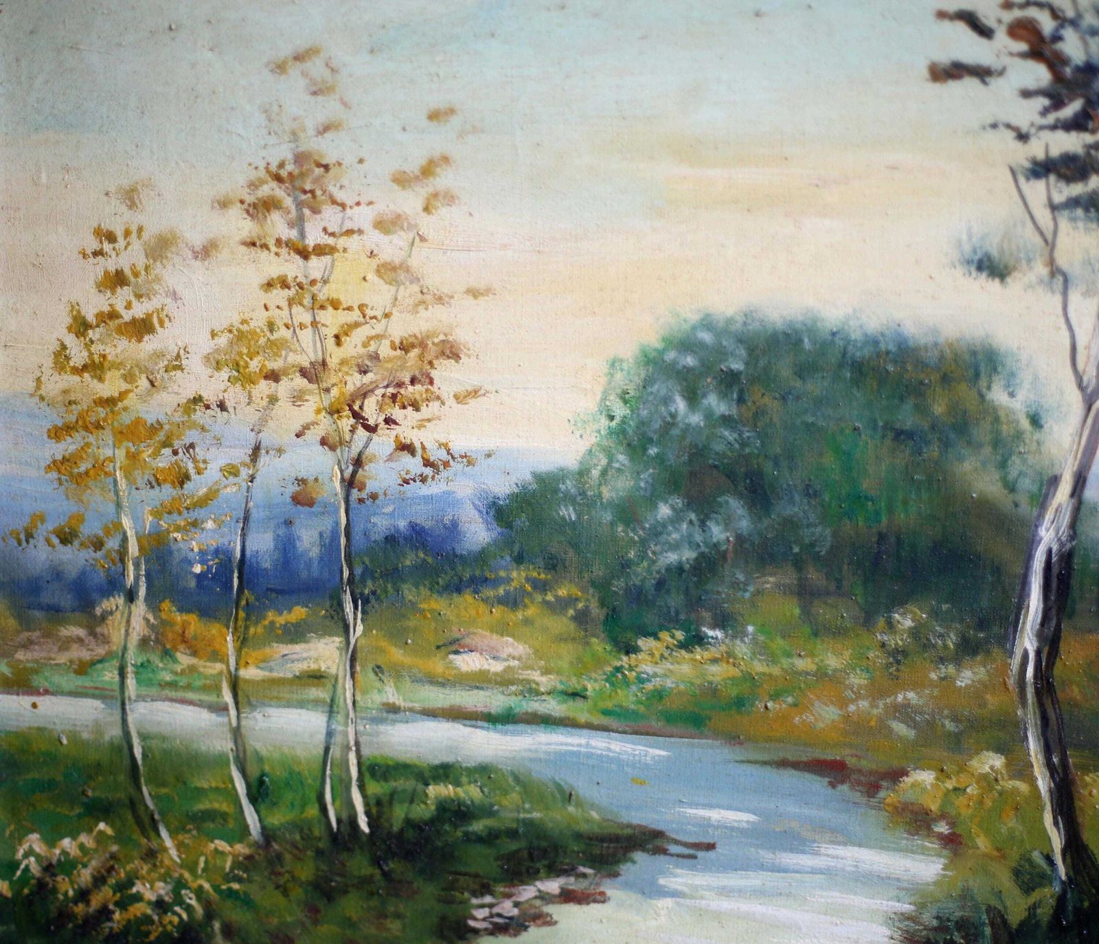 Antique Landscape Oil Painting Impressionist Impasto Framed River View French Framed Janin photo vintage