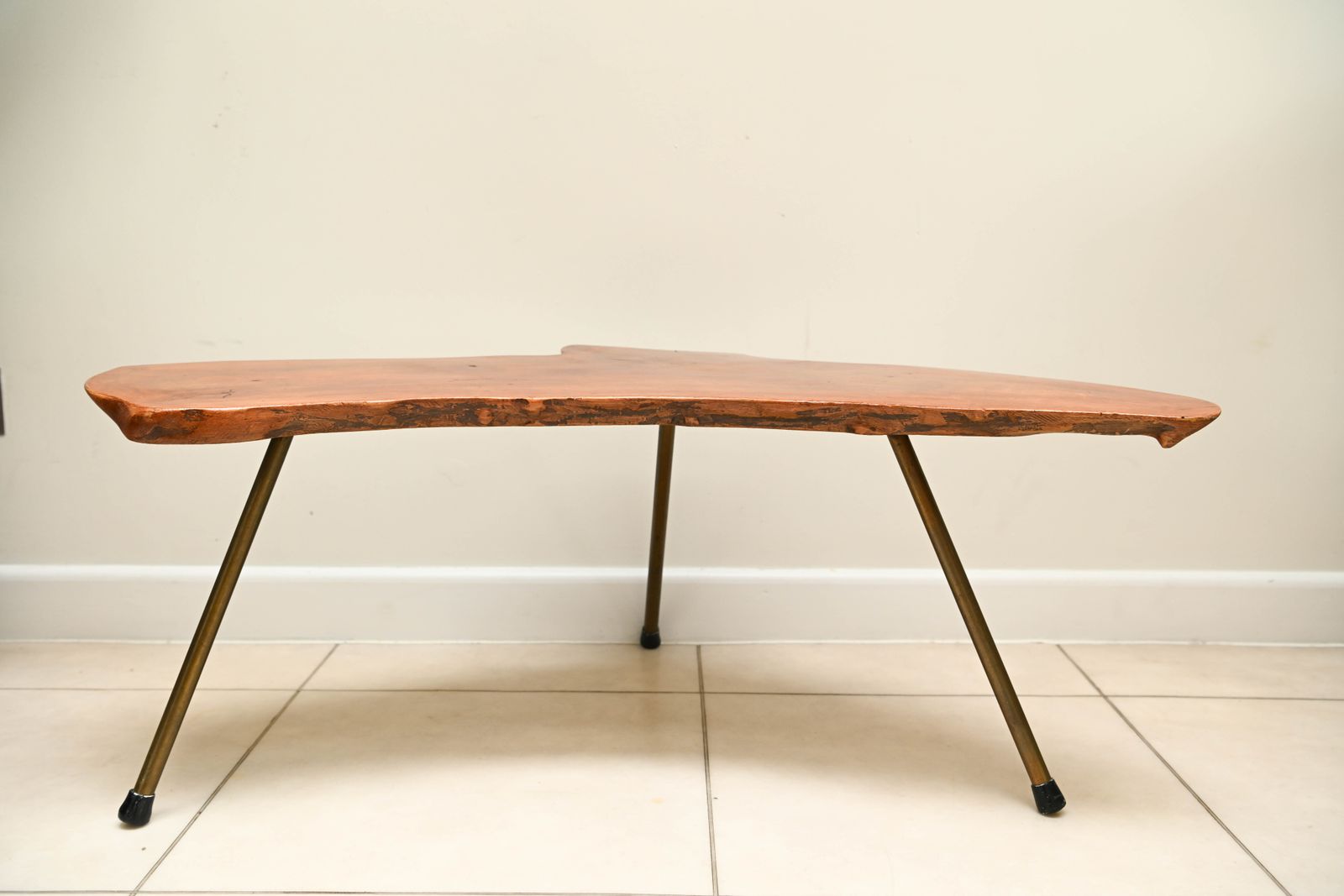 photo vinterior Mid Century Freeform Live Edge Tripod Coffee Table In The Manner Of Carl Auböck, C.1950s/60s