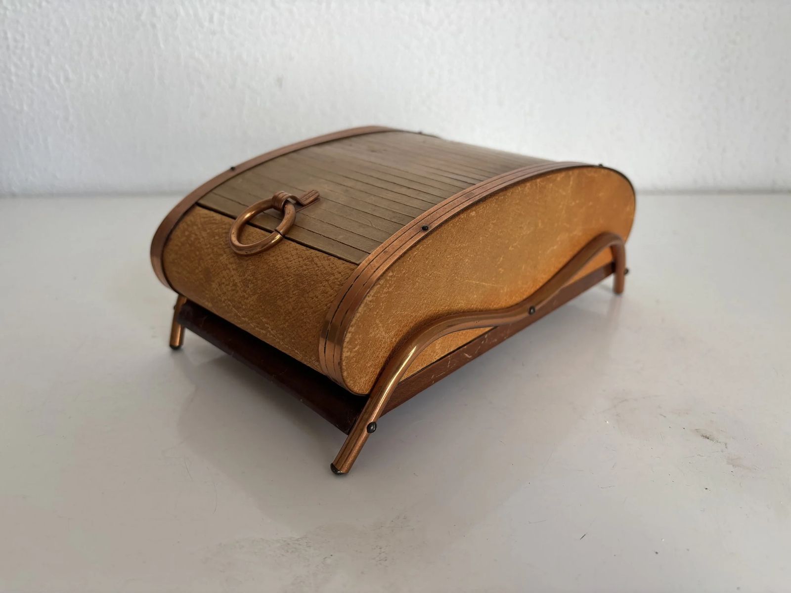 Vintage 1960s Cigarette Dispenser, Wooden And Copper Curtain Box   21 X 12 Cm