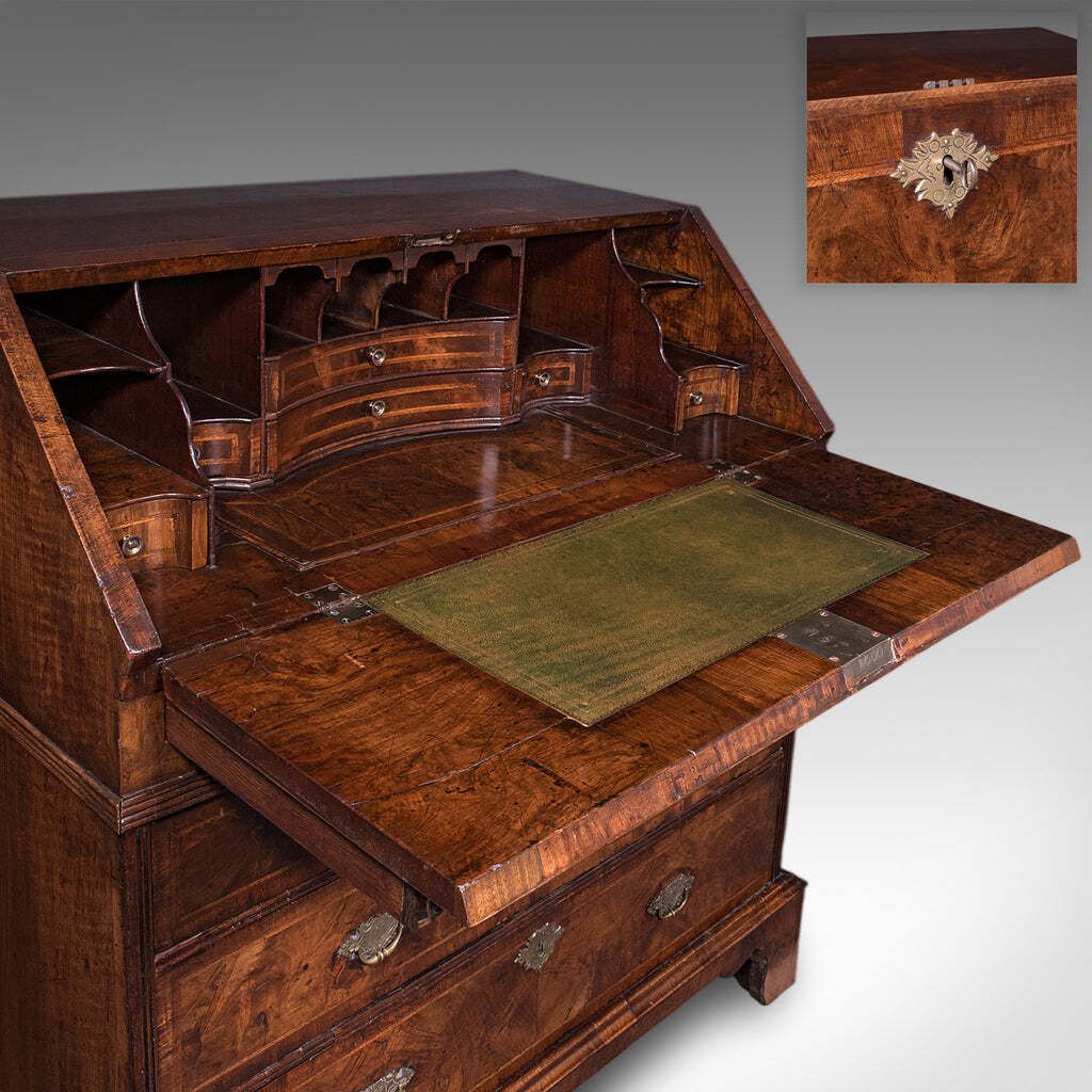 5869.0 Antique Fall Front Bureau, English, Walnut, Writing Cabinet, Georgian, C.1750. photo