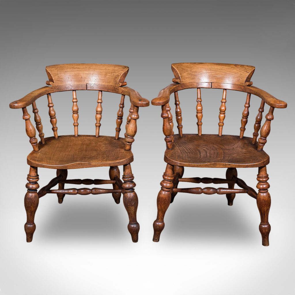 Pair Of Antique Country House Captain's Chairs, English, Smoker's Bow, Victorian. photo furniture