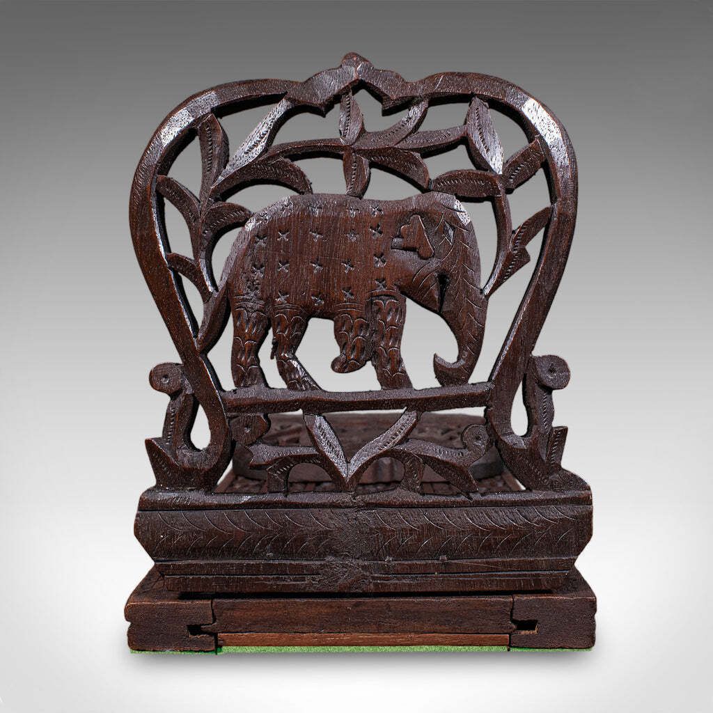 Vintage Elephant Motif Book Slide, Anglo Indian, Teak, Library Stand, Art Deco. photo vinterior