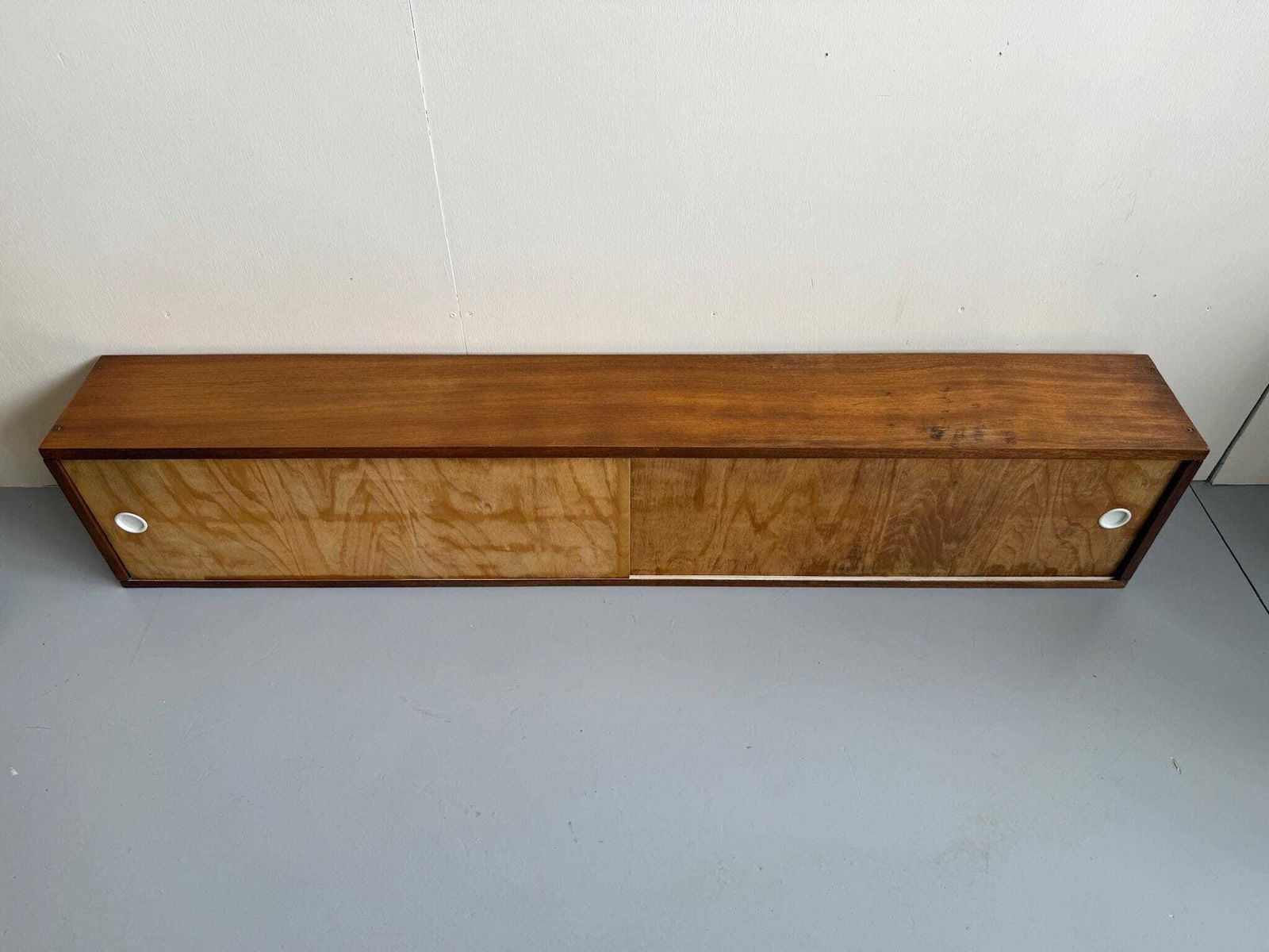 Handmade Mid Century Long Slim Cabinet Or Bookcase Wall Hung Ply Shelving. photo furniture
