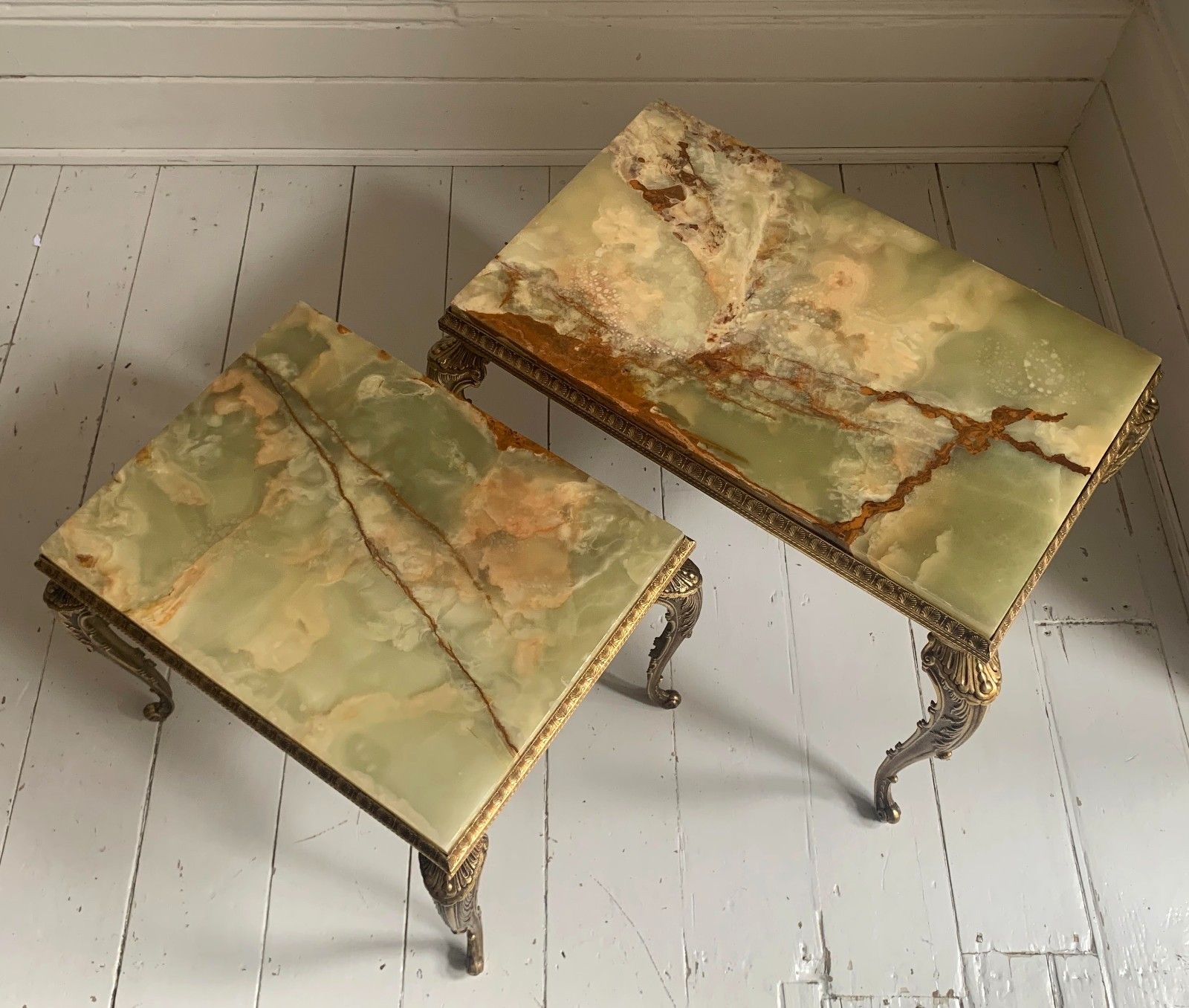 Vintage Hollywood Regency Pair Of Onyx & Brass Nesting Tables photo for sale