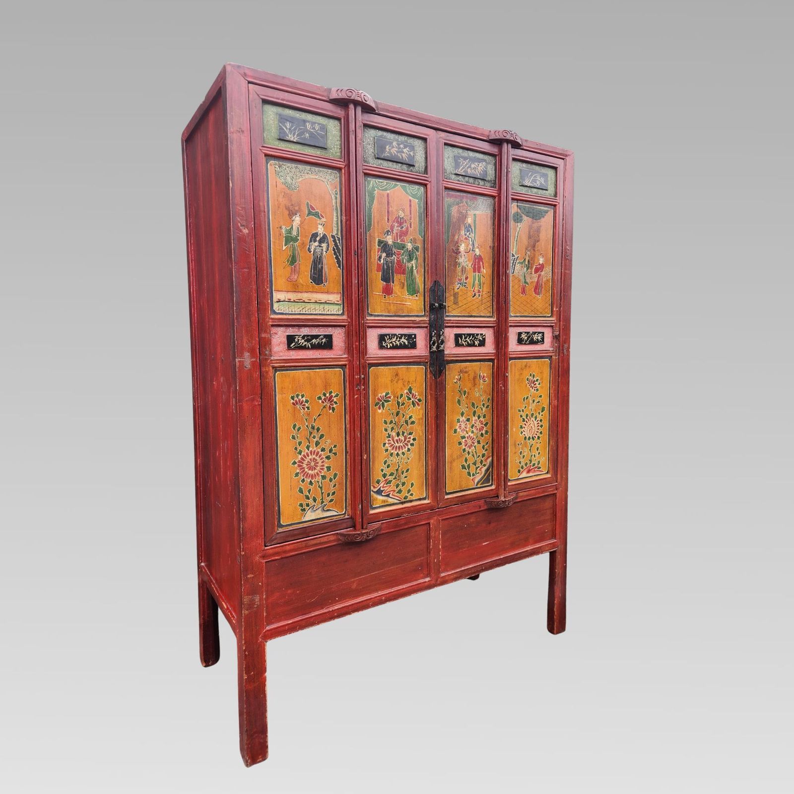 Exceptional Chinese Chinoiserie Oriental Red Marriage Cabinet