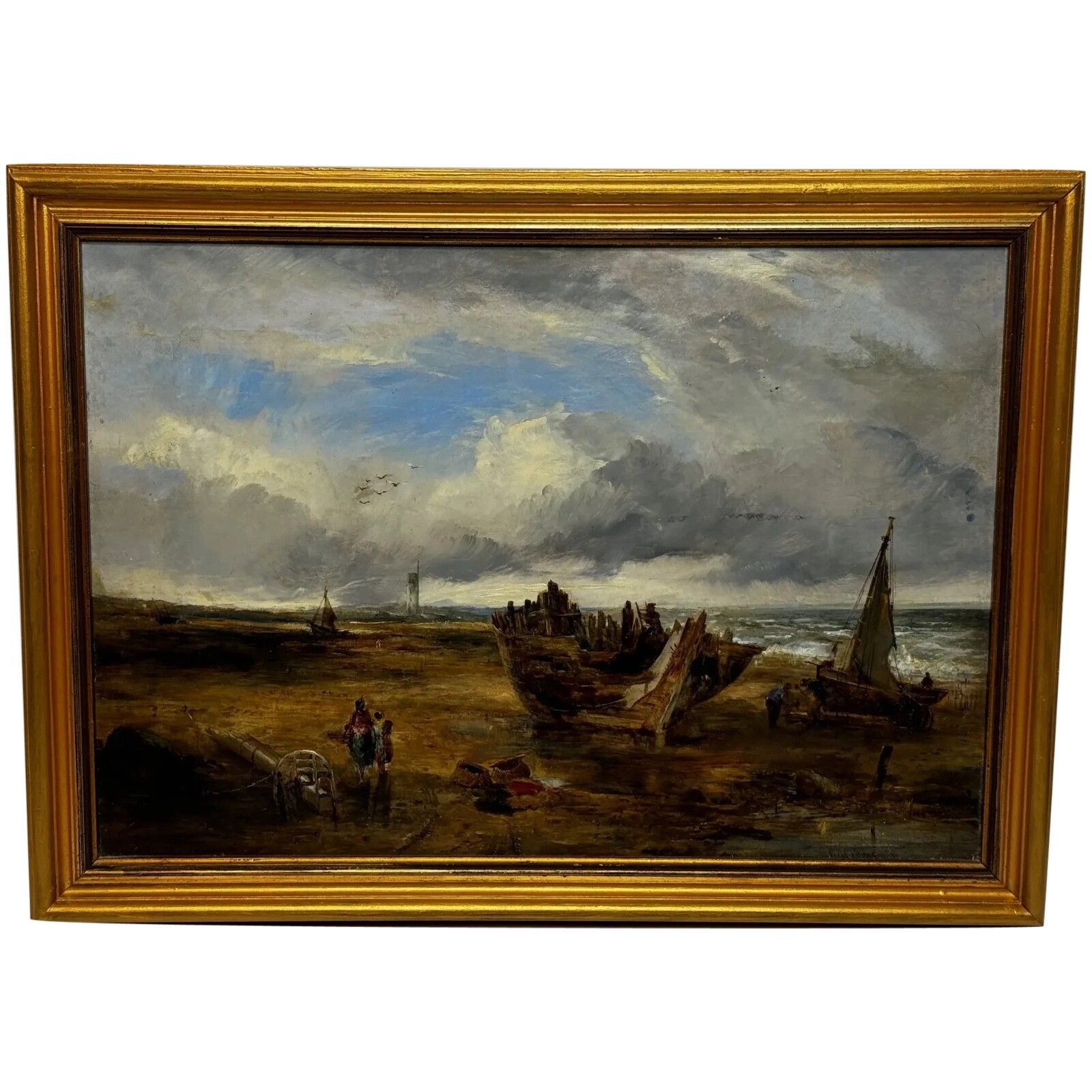 19e-eeuws olieverfchilderij scheepswrak Moreton Beach Wirral historische Leasowe Lighthouse door William Joseph Julius Caesar Bond