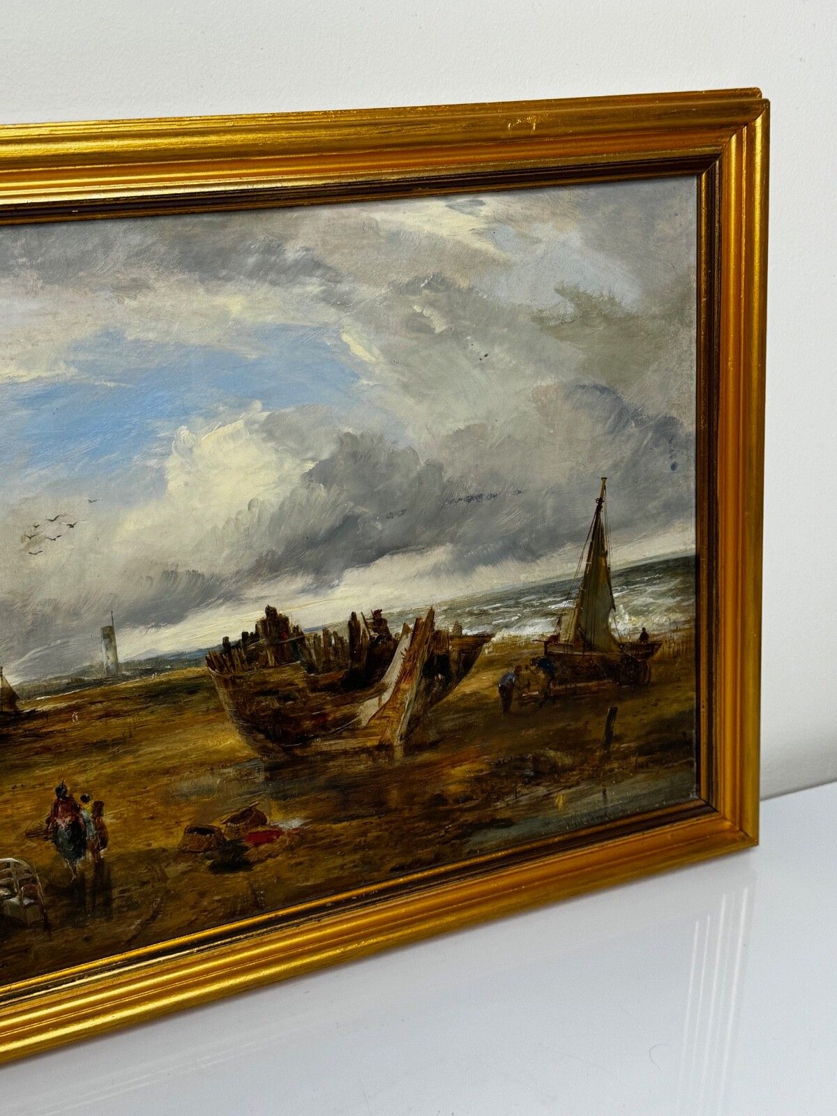 19th Century Oil Painting Ships Hulk Wreck Moreton Beach Wirral Historic Leasowe Lighthouse By William Joseph Julius Caesar Bond photo furniture