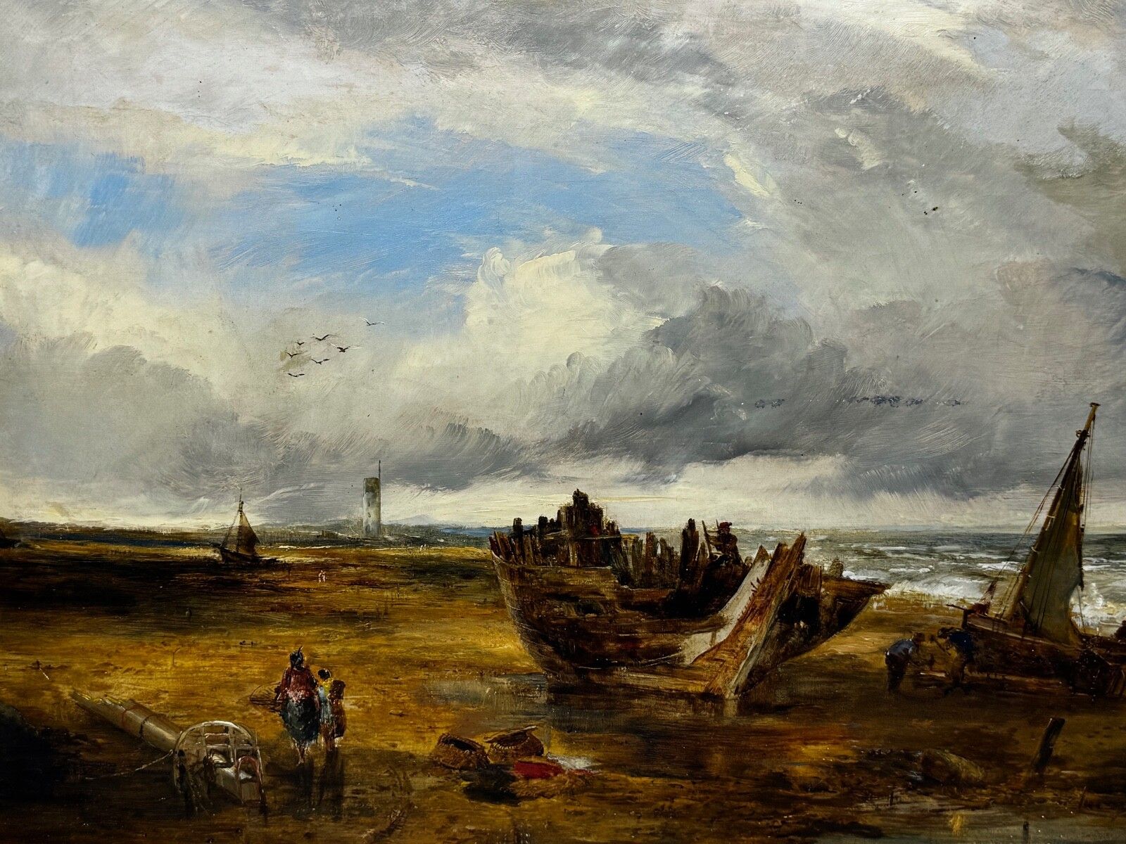 19th Century Oil Painting Ships Hulk Wreck Moreton Beach Wirral Historic Leasowe Lighthouse By William Joseph Julius Caesar Bond photo vintage