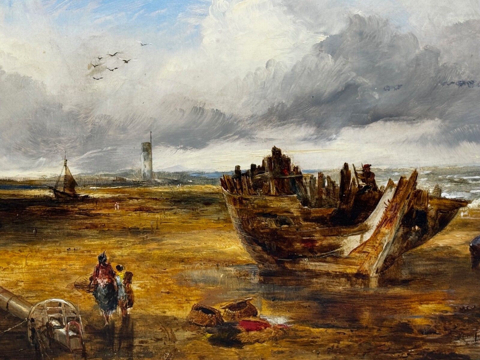 photo furniture 19e-eeuws olieverfchilderij scheepswrak Moreton Beach Wirral historische Leasowe Lighthouse door William Joseph Julius Caesar Bond
