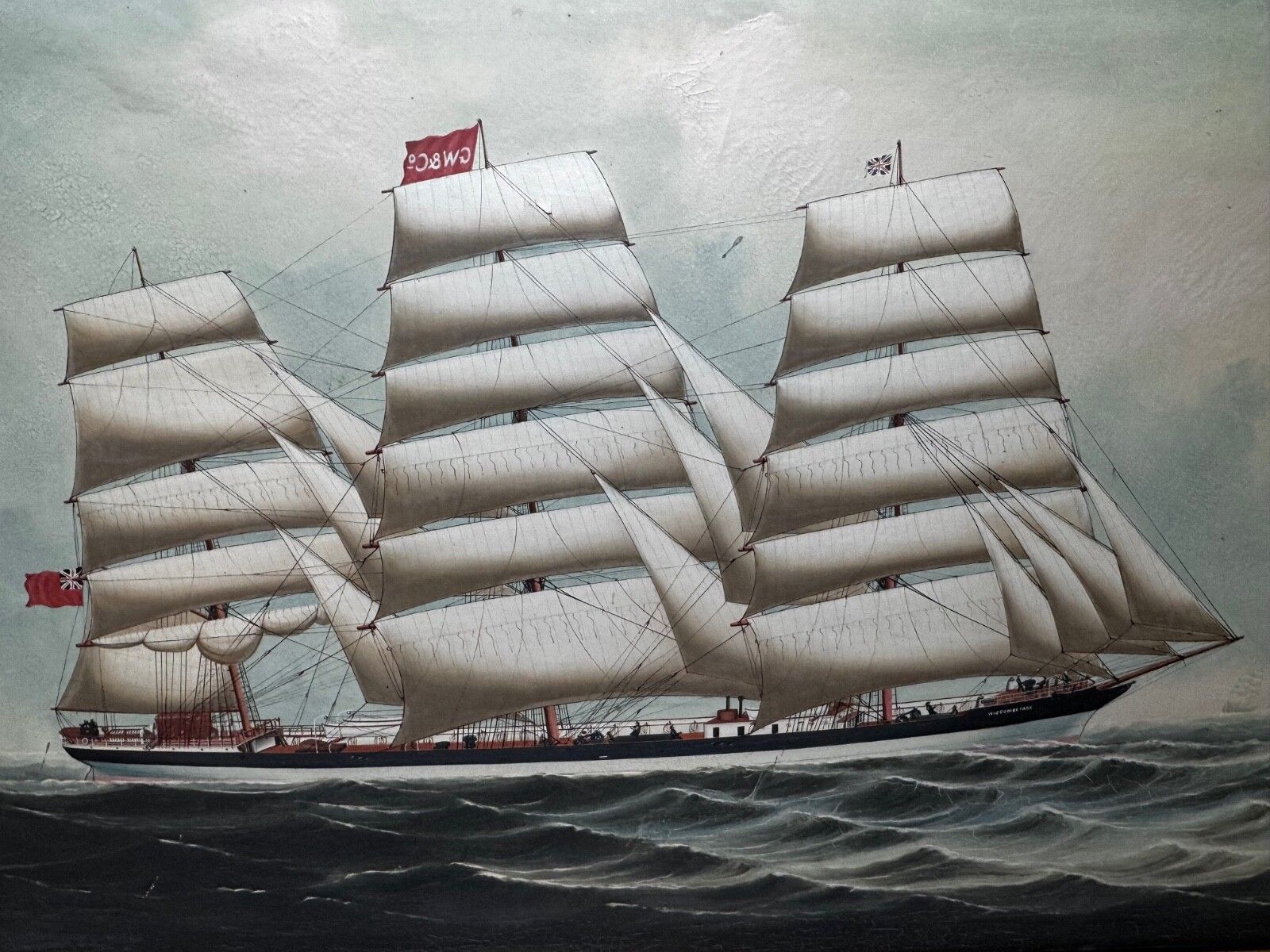 Maritiem olieschilderij 19e eeuw, Wiscombe Park, schip op weg naar Australië, John Blumer & Co photo furniture