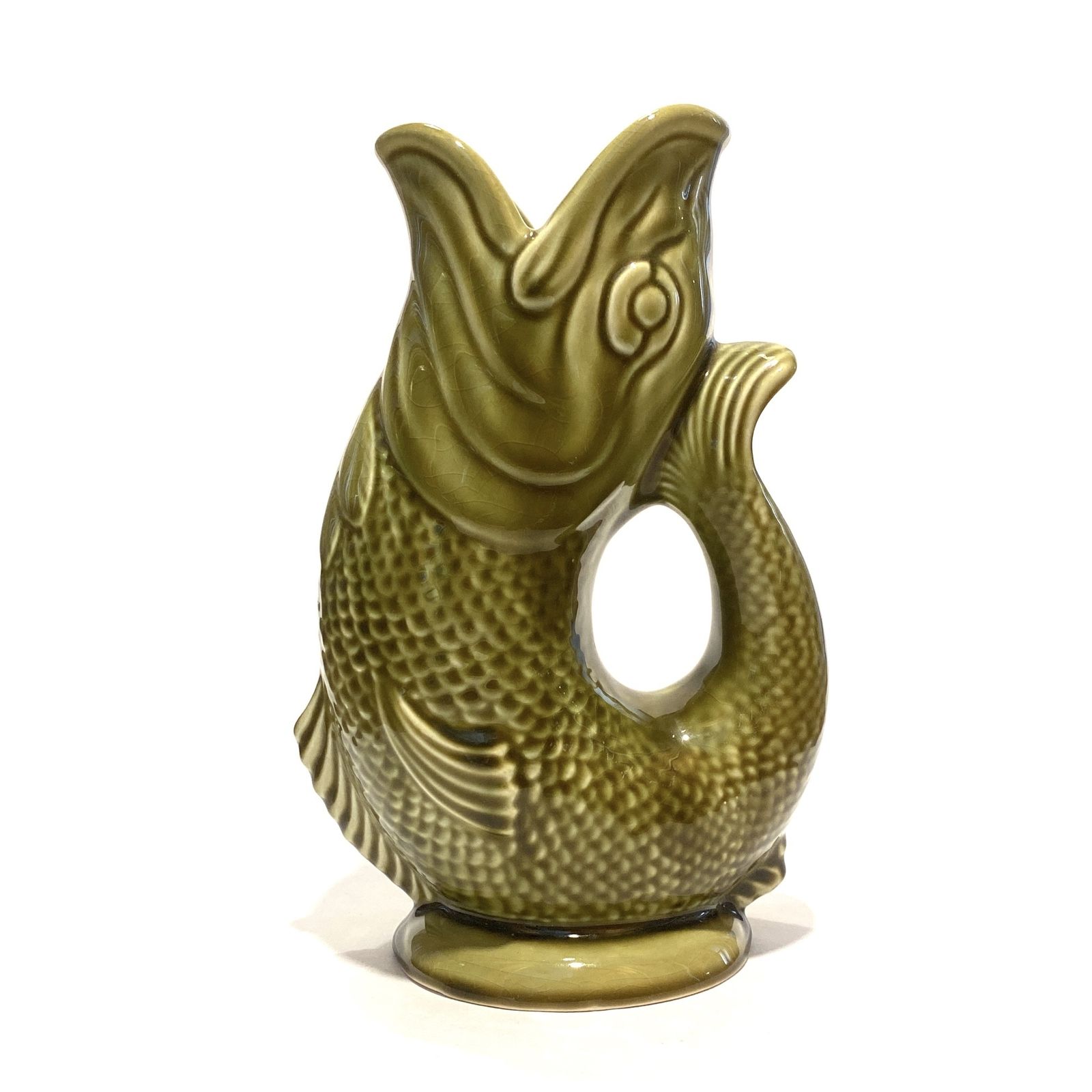 Dartmouth Pottery Gluggle Jug In Iconic Khaki Green Glaze (22.5cm Tall), Mid Century Modern Ceramics photo vinterior