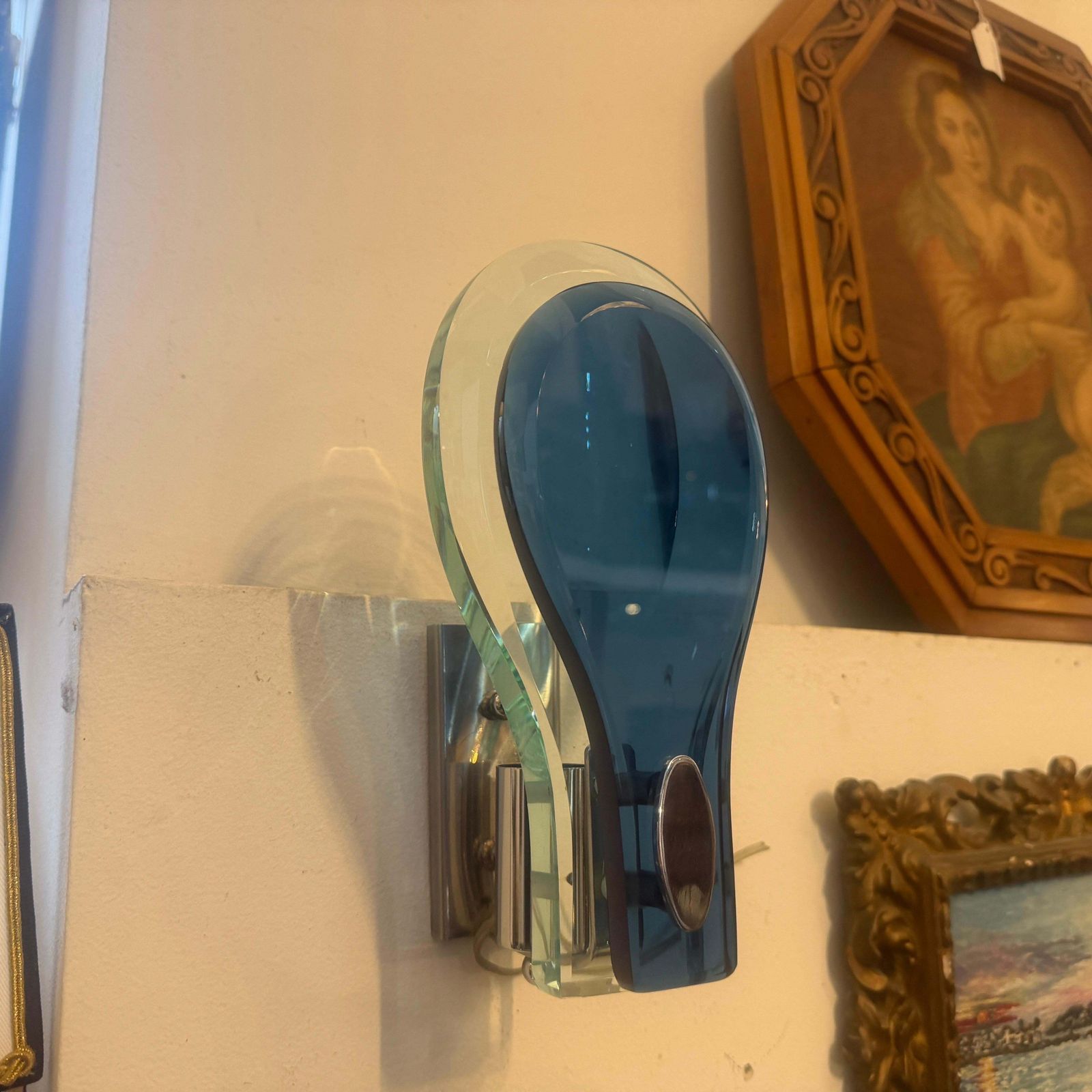Two 1960s. Space Age Steel And Blue And Verde Nilo Glass Wall Sconces By Veca photo 1302.0