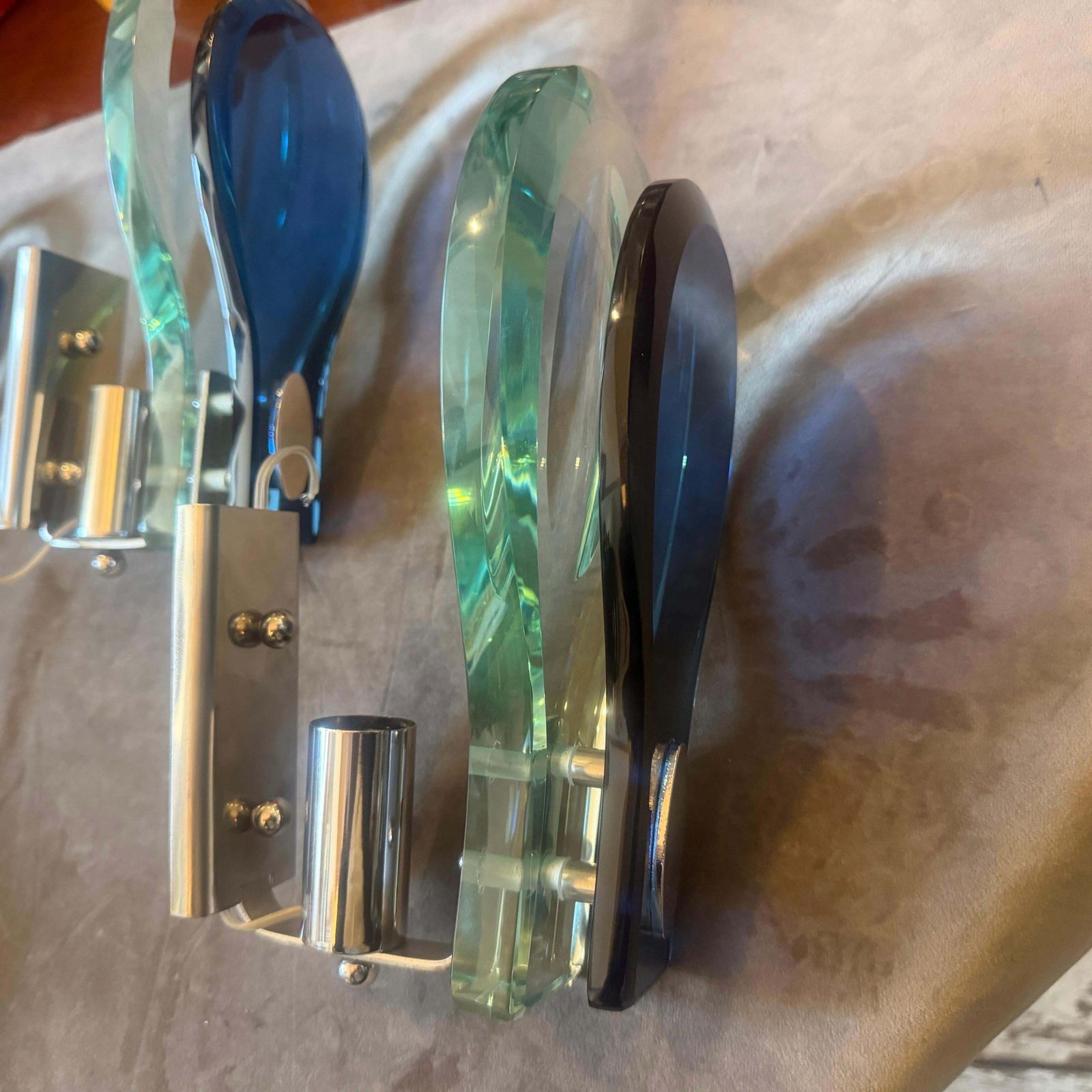 Lighting Two 1960s. Space Age Steel And Blue And Verde Nilo Glass Wall Sconces By Veca photo