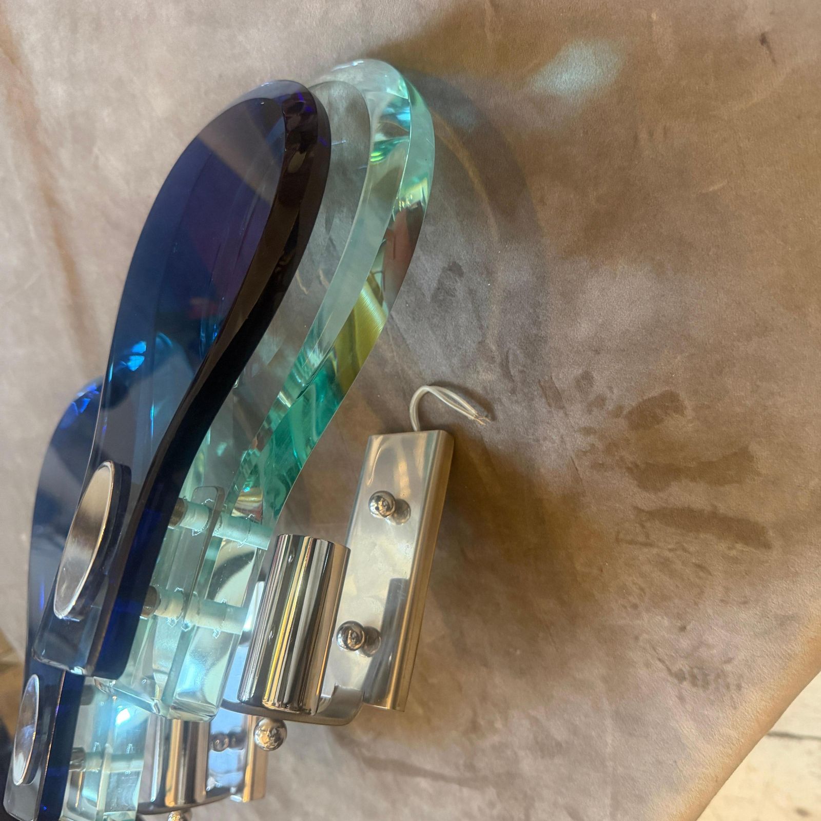 photo vinterior Two 1960s. Space Age Steel And Blue And Verde Nilo Glass Wall Sconces By Veca