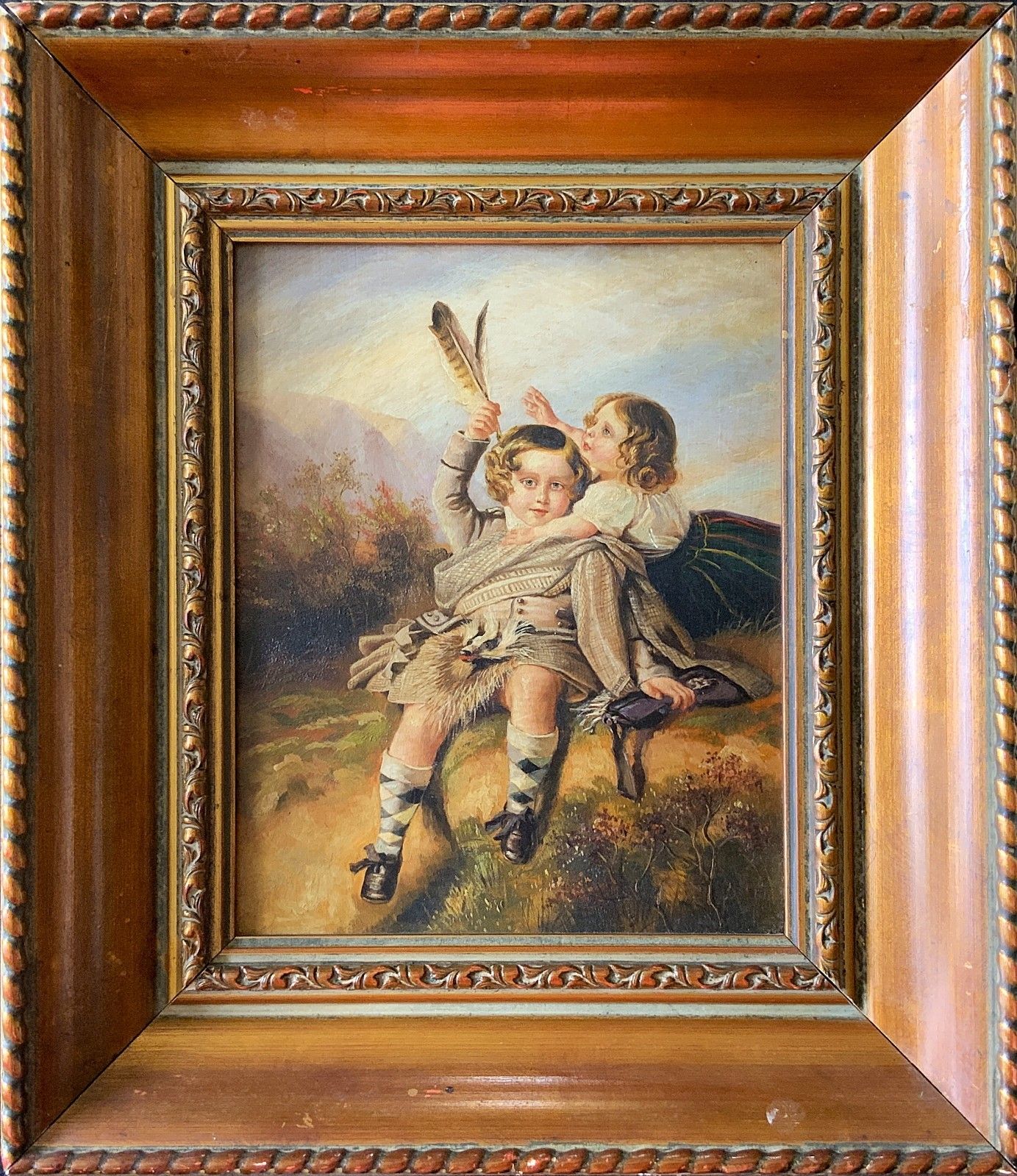 Oil Painting Of Royal Prince Alfred & Princess Helena Hunting In Scottish Dress