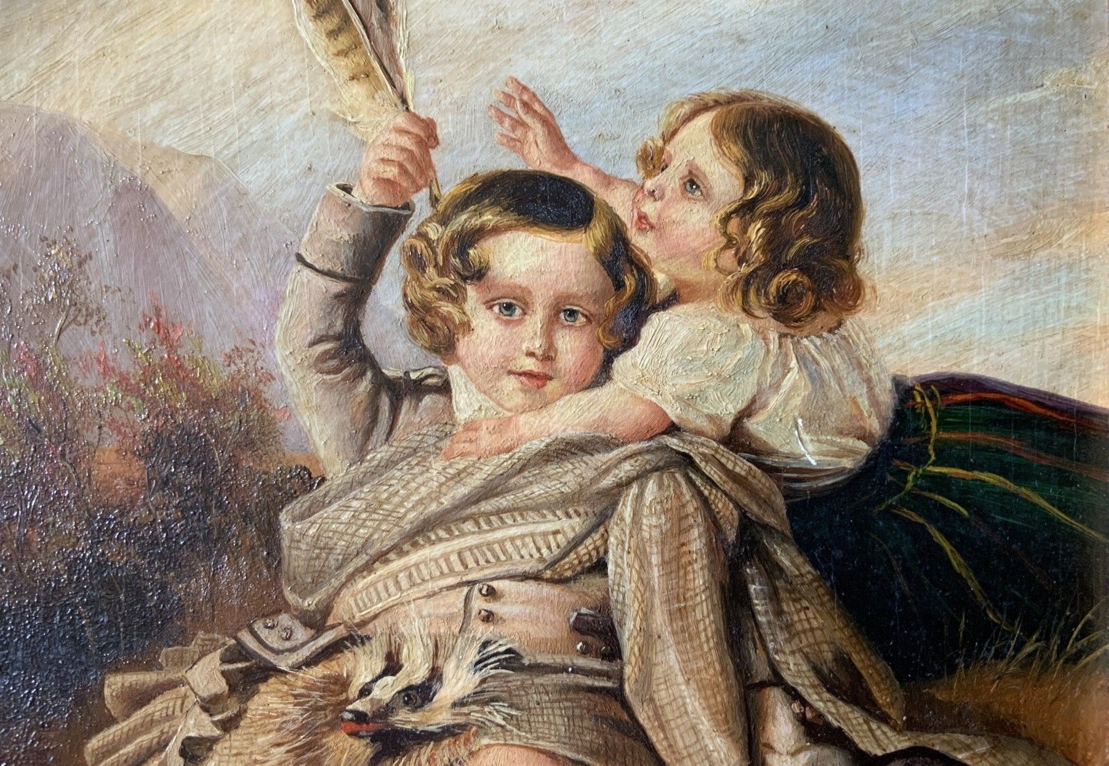 Oil Painting Of Royal Prince Alfred & Princess Helena Hunting In Scottish Dress photo vintage