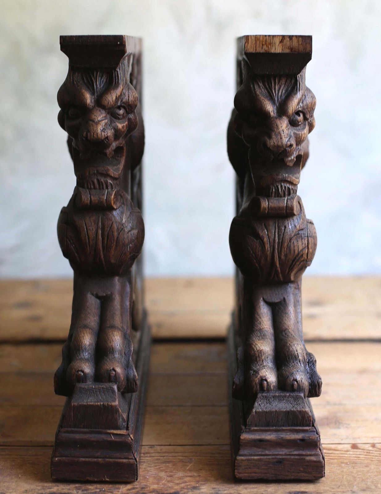 Antique Carved Oak Griffin Shelf Supports Large Bookends Pair Of Gothic Revival Architectural Corbels photo Home Decor