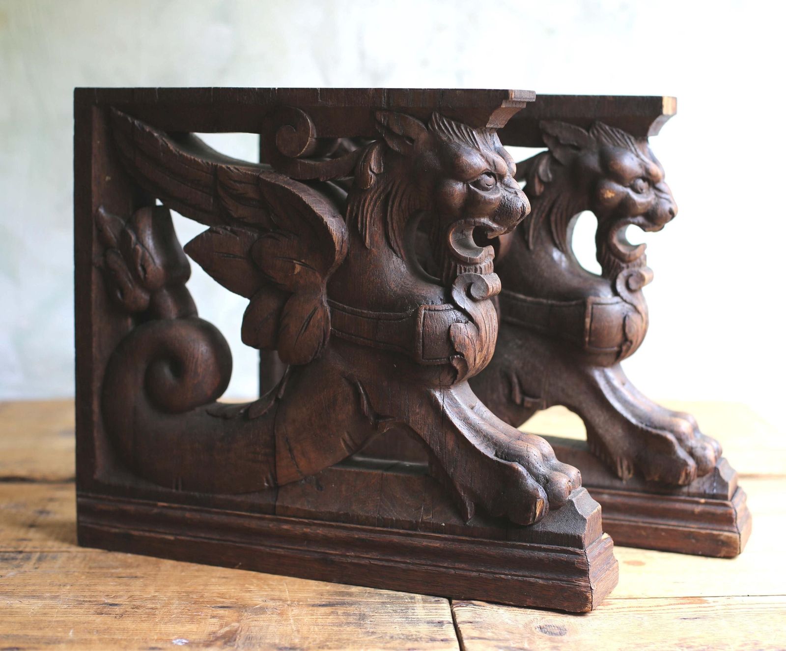 Antique Carved Oak Griffin Shelf Supports Large Bookends Pair Of Gothic Revival Architectural Corbels photo buy
