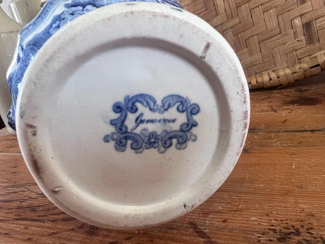 Antique Minton Genovese Blue And White Pitcher With Dog Handle Rare 19th Century Staffordshire Transferware Jug With Flaws English Farmhouse photo furniture
