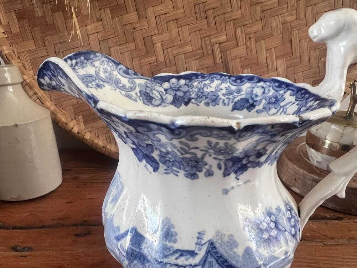 Antique Minton Genovese Blue And White Pitcher With Dog Handle Rare 19th Century Staffordshire Transferware Jug With Flaws English Farmhouse photo 58.0