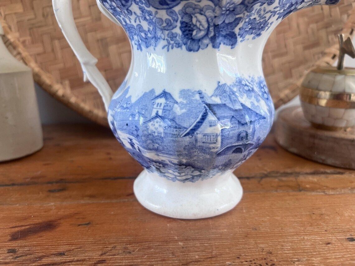 Antique Minton Genovese Blue And White Pitcher With Dog Handle Rare 19th Century Staffordshire Transferware Jug With Flaws English Farmhouse photo vintage