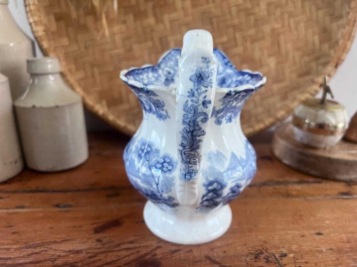 photo for sale Antique Minton Genovese Blue And White Pitcher With Dog Handle Rare 19th Century Staffordshire Transferware Jug With Flaws English Farmhouse