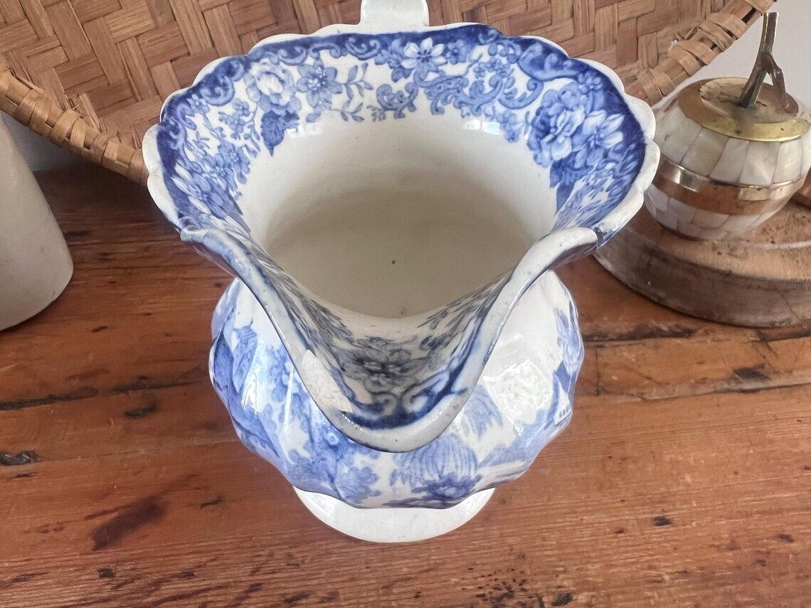58.0 Antique Minton Genovese Blue And White Pitcher With Dog Handle Rare 19th Century Staffordshire Transferware Jug With Flaws English Farmhouse photo