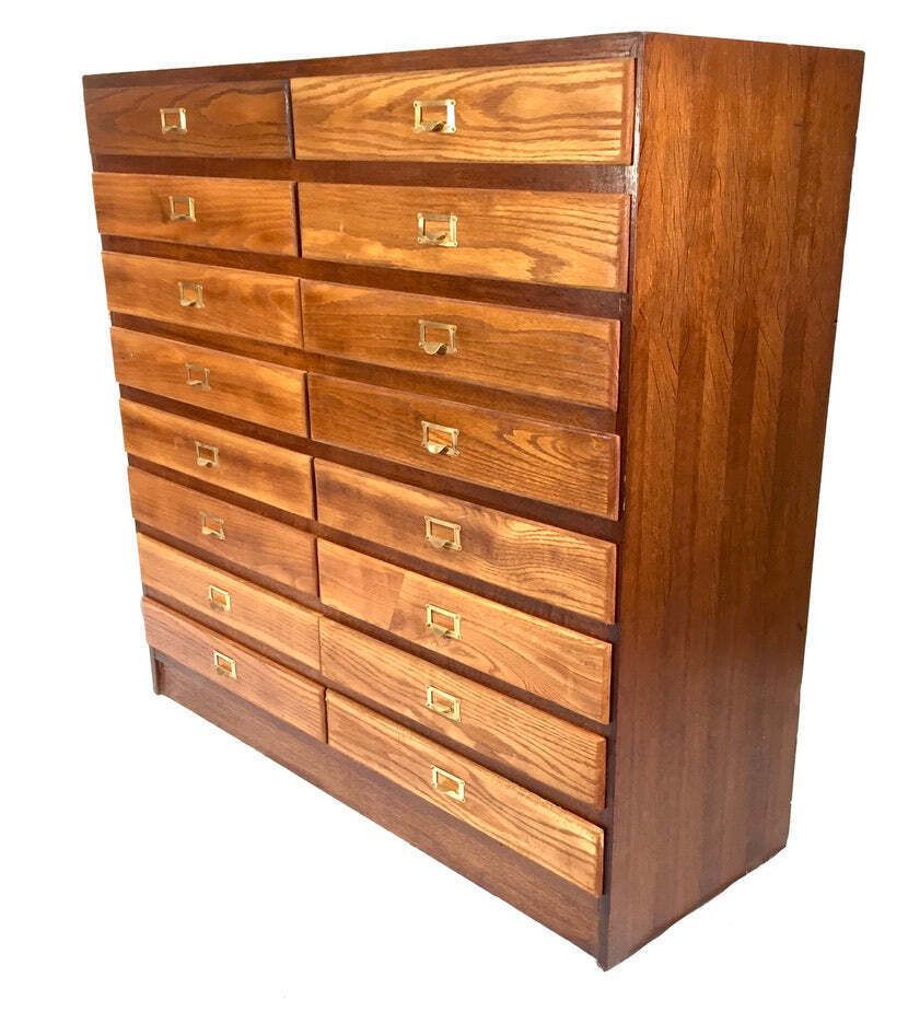 Antique Large Wooden Oak Office Double Filing Drawer Storage Cabinet Sideboard. photo furniture