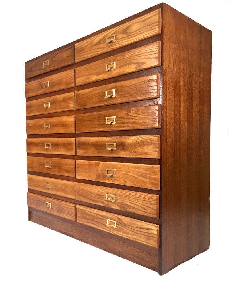 Antique Large Wooden Oak Office Double Filing Drawer Storage Cabinet Sideboard. photo for sale