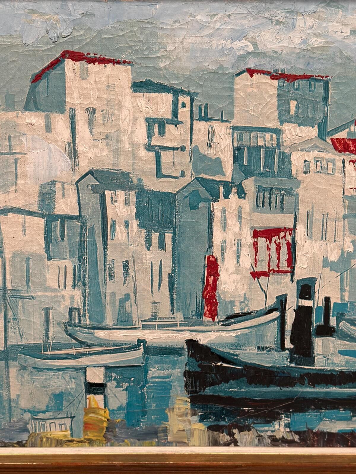 photo vinterior “Harbor Scene” By Costa Oil On Canvas Painting.