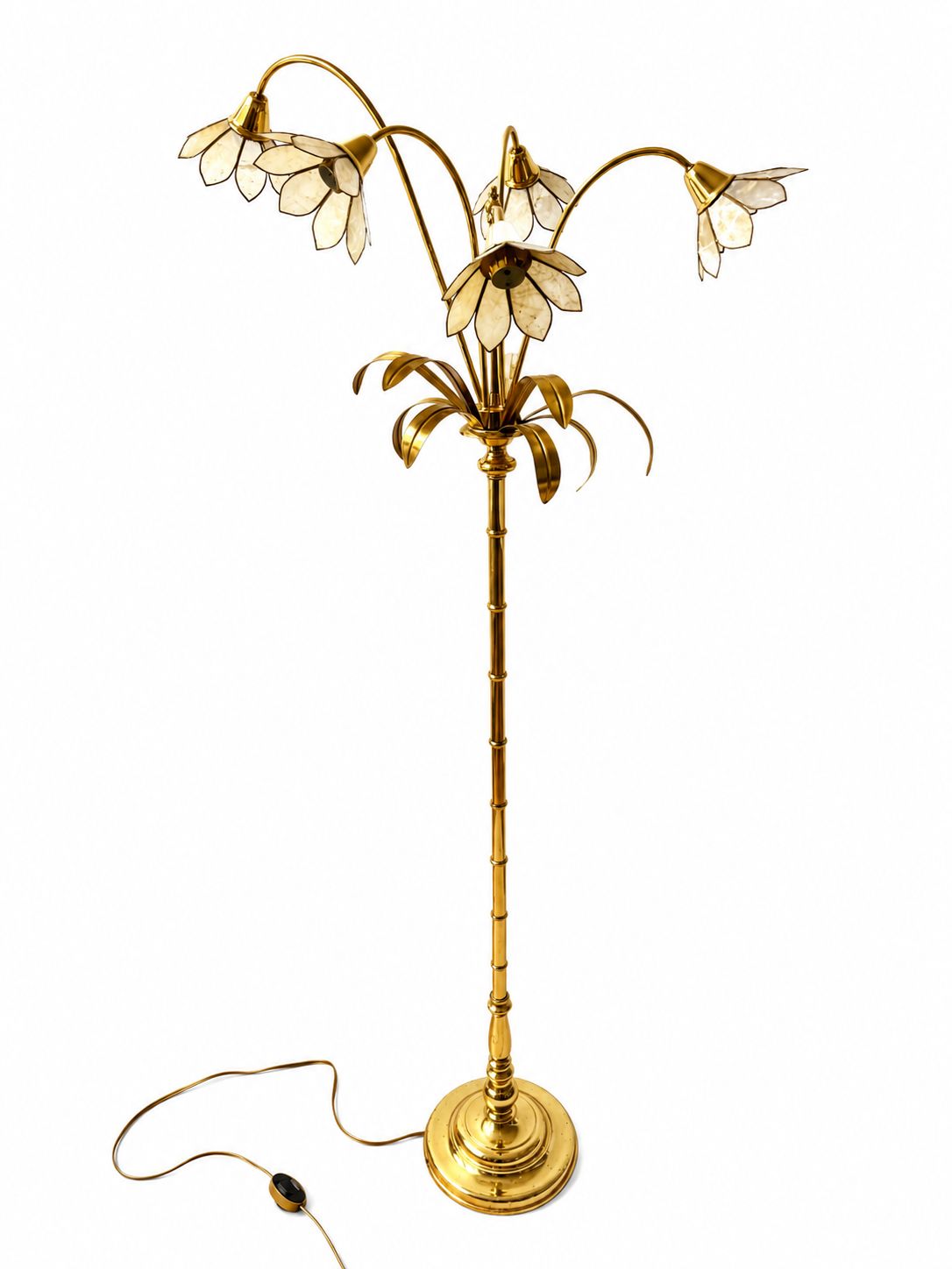 Hollywood Regency Style Brass Floor Lamp In Bamboo Style With Floral Shell Lampshades, 1970s