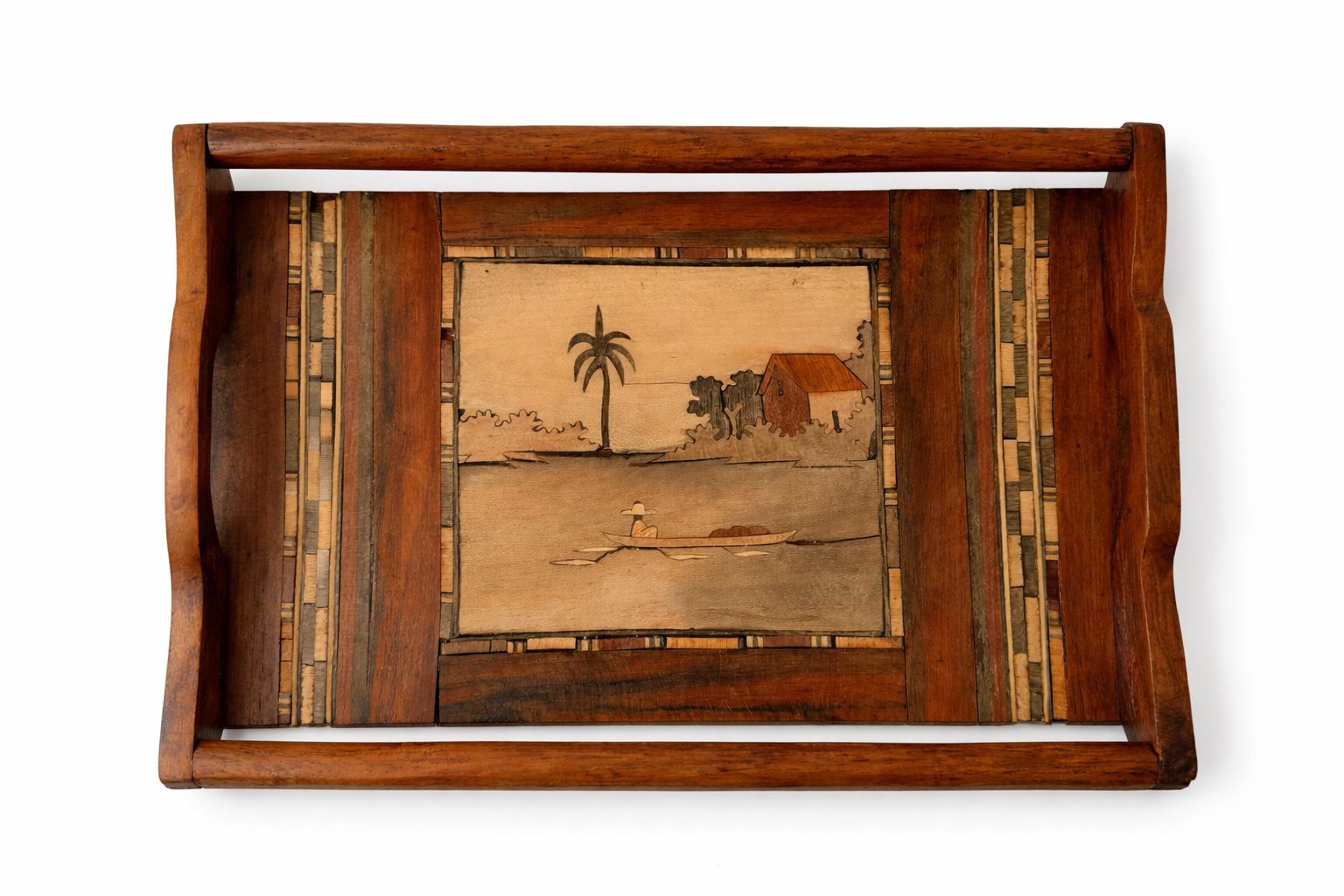 Frans houten dienblad met marqueterie, natuurtafereel, ca. jaren 1950 photo vintage