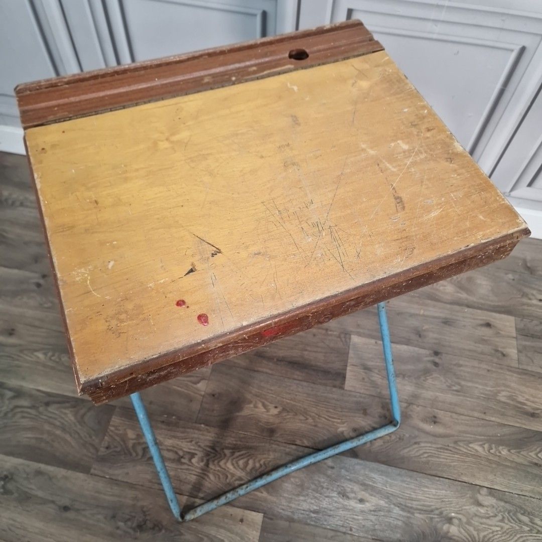 Vintage Folding School Desk Metal Frame Wooden Top Children's Writing Table photo Furniture