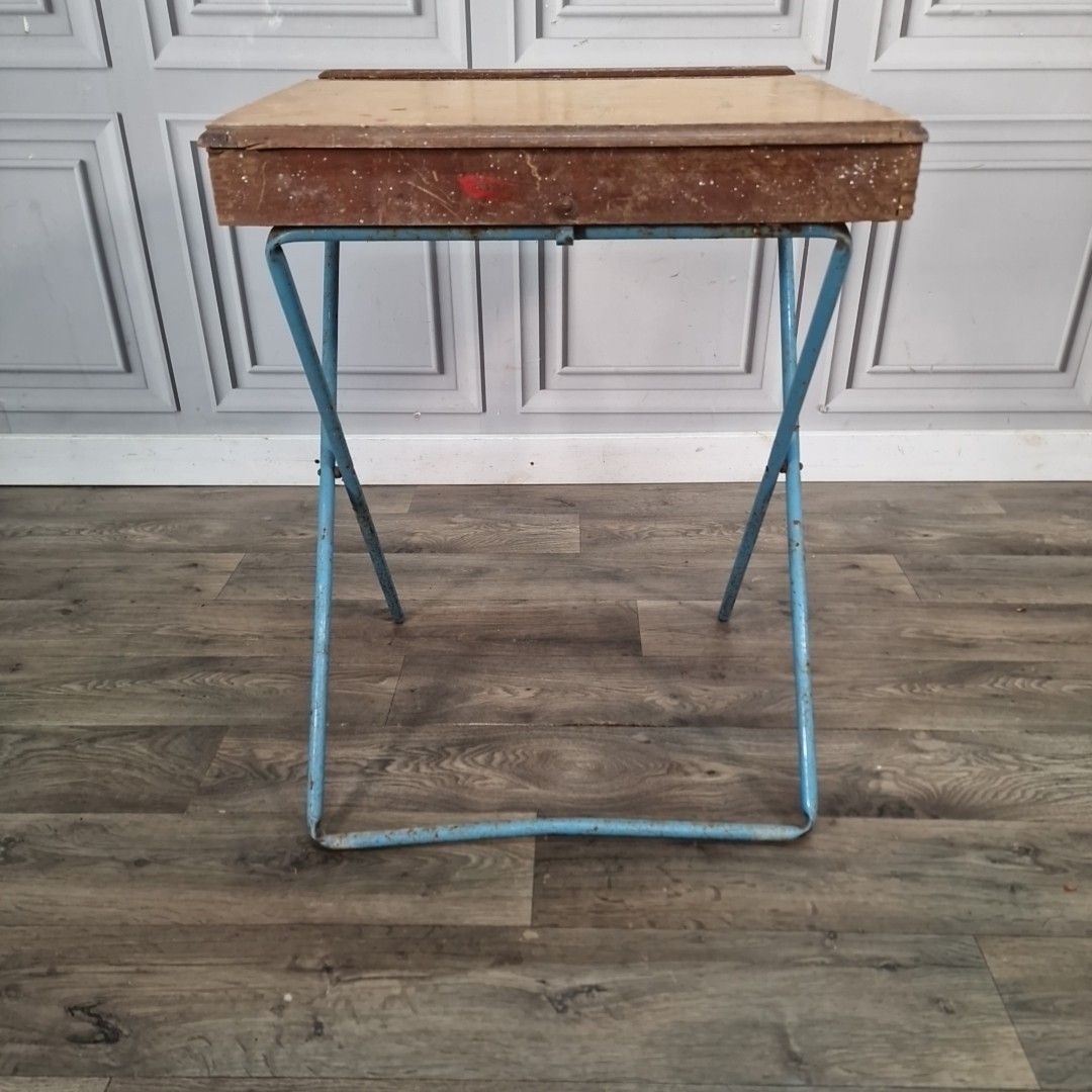 Furniture Vintage Folding School Desk Metal Frame Wooden Top Children's Writing Table photo