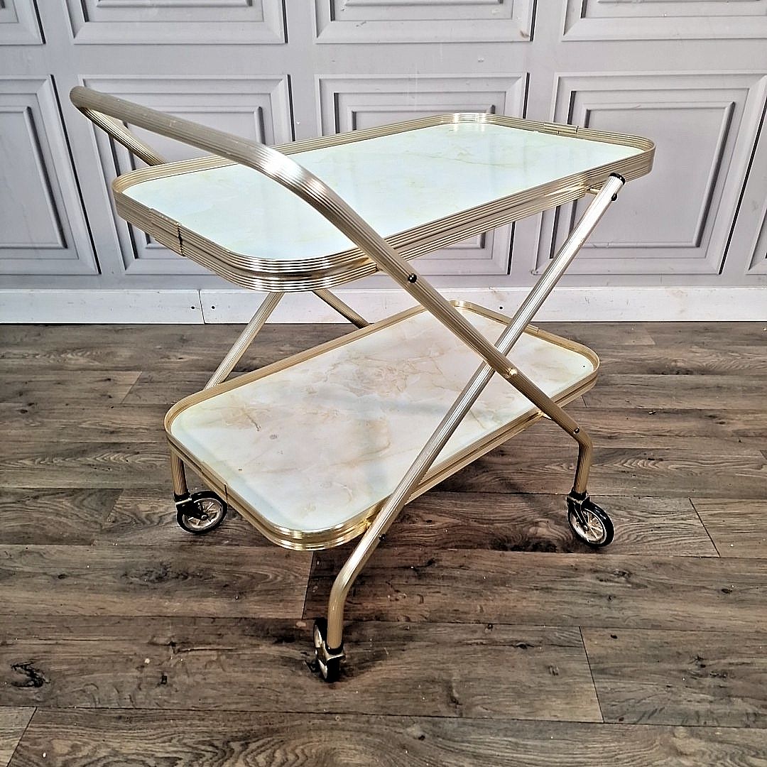 Vintage Drinks Tea Trolley Faux Marble Gold Metal Bar Cart Retro Mid Century