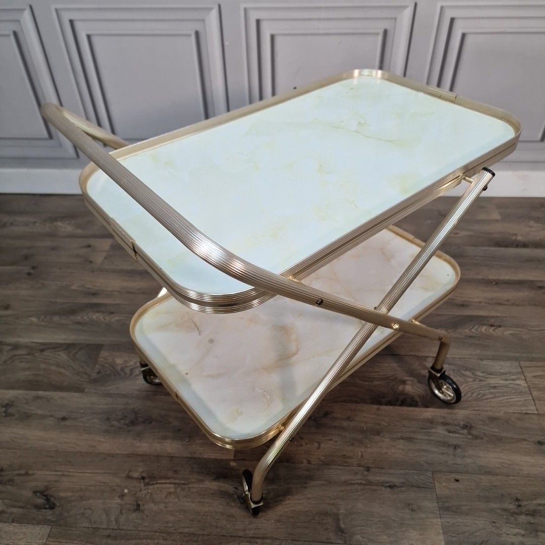Vintage Drinks Tea Trolley Faux Marble Gold Metal Bar Cart Retro Mid Century photo furniture